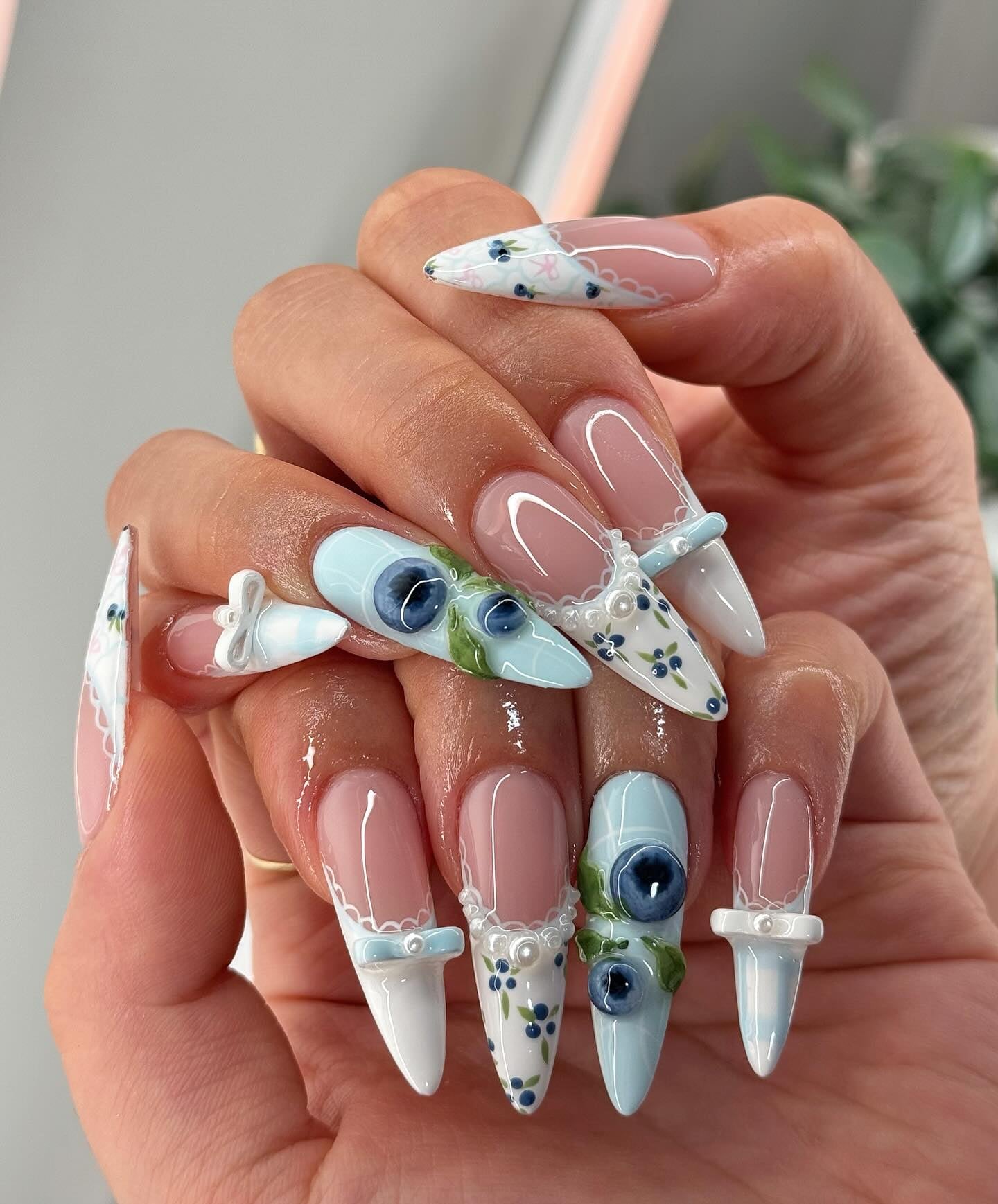 Blueberry Bows press-on nails – hand-painted reusable gel set by Handora