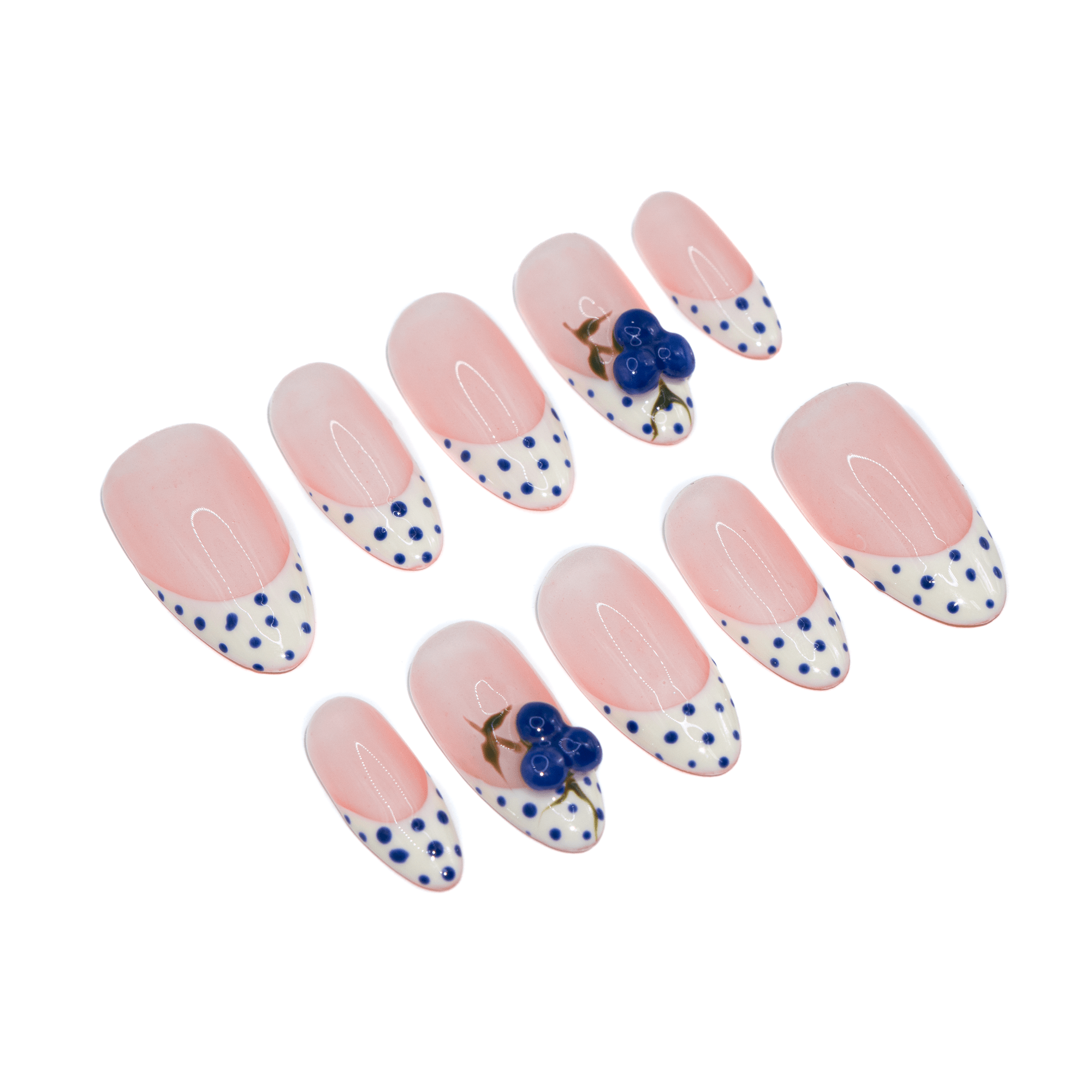 Blueberry Dot almond press-on nails – design close-up by Handora