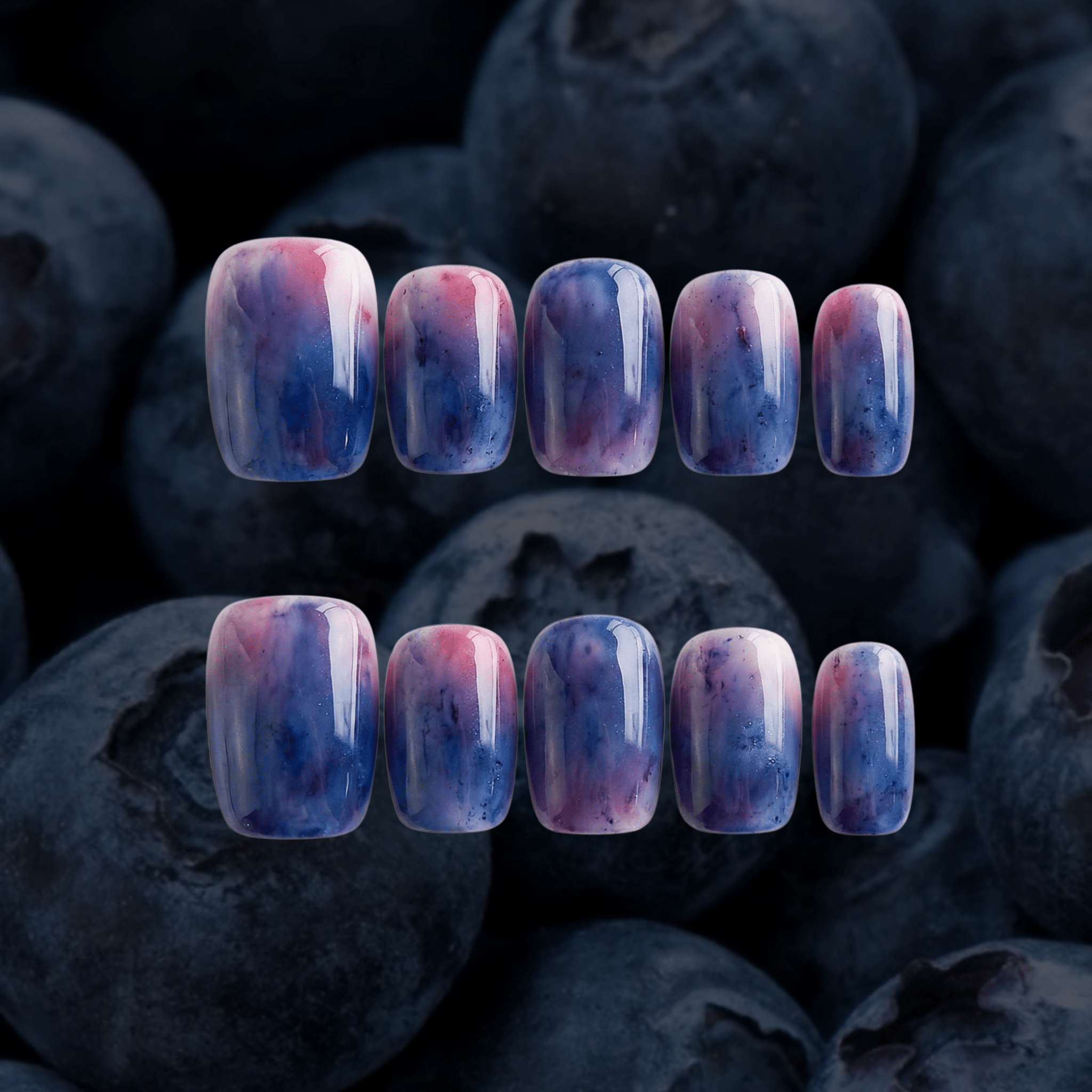 Blueberry Mist press-on nails – hand-painted reusable gel set by Handora