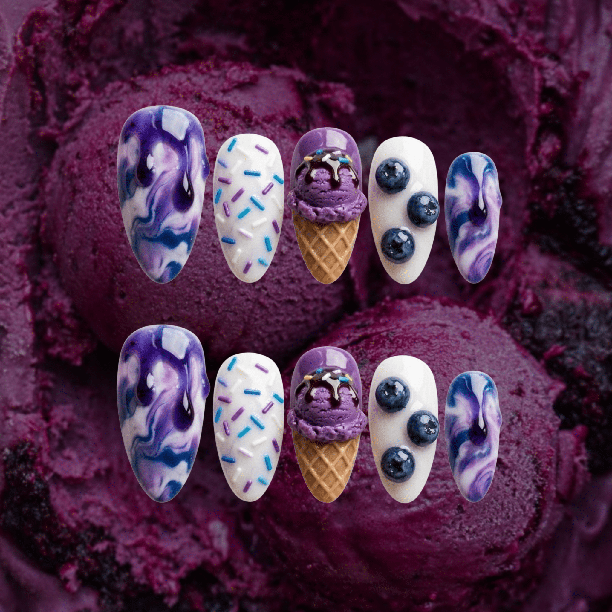 Blueberry Swirl - Handora Nails - 3d nail artalmond nailsblueberry nails
