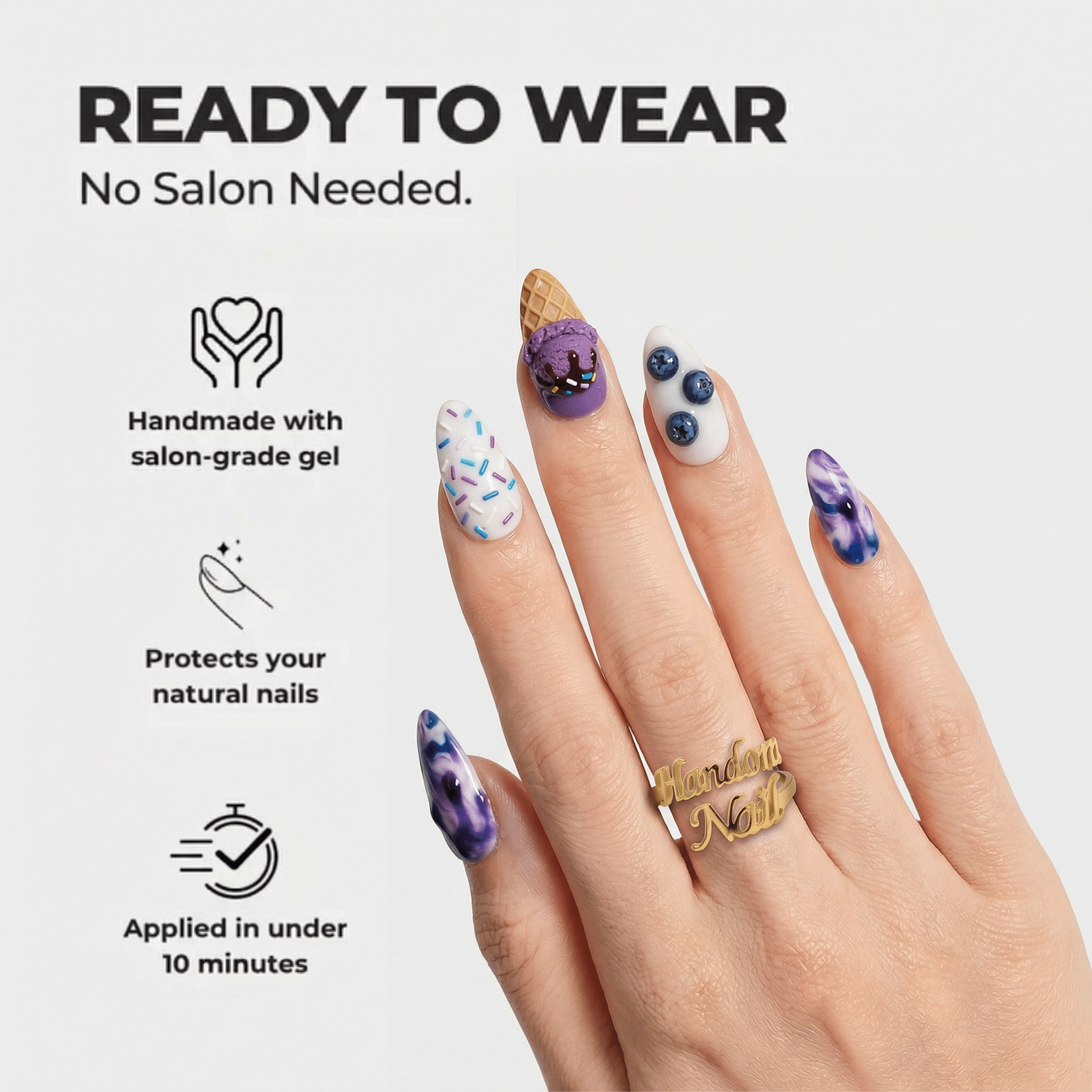 Blueberry Swirl press-on nails – design close-up by Handora