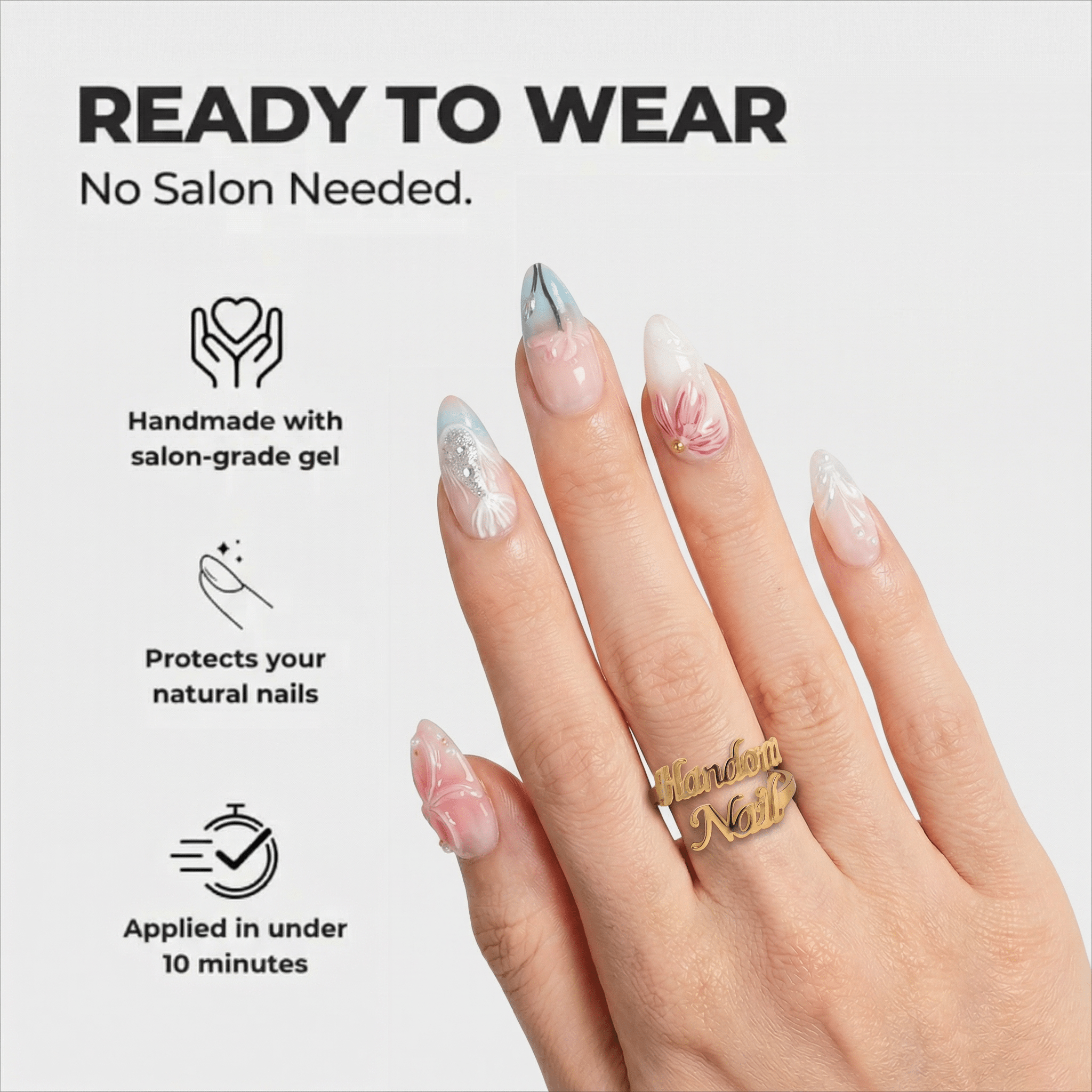 Blush Blossom almond press-on nails – design close-up by Handora