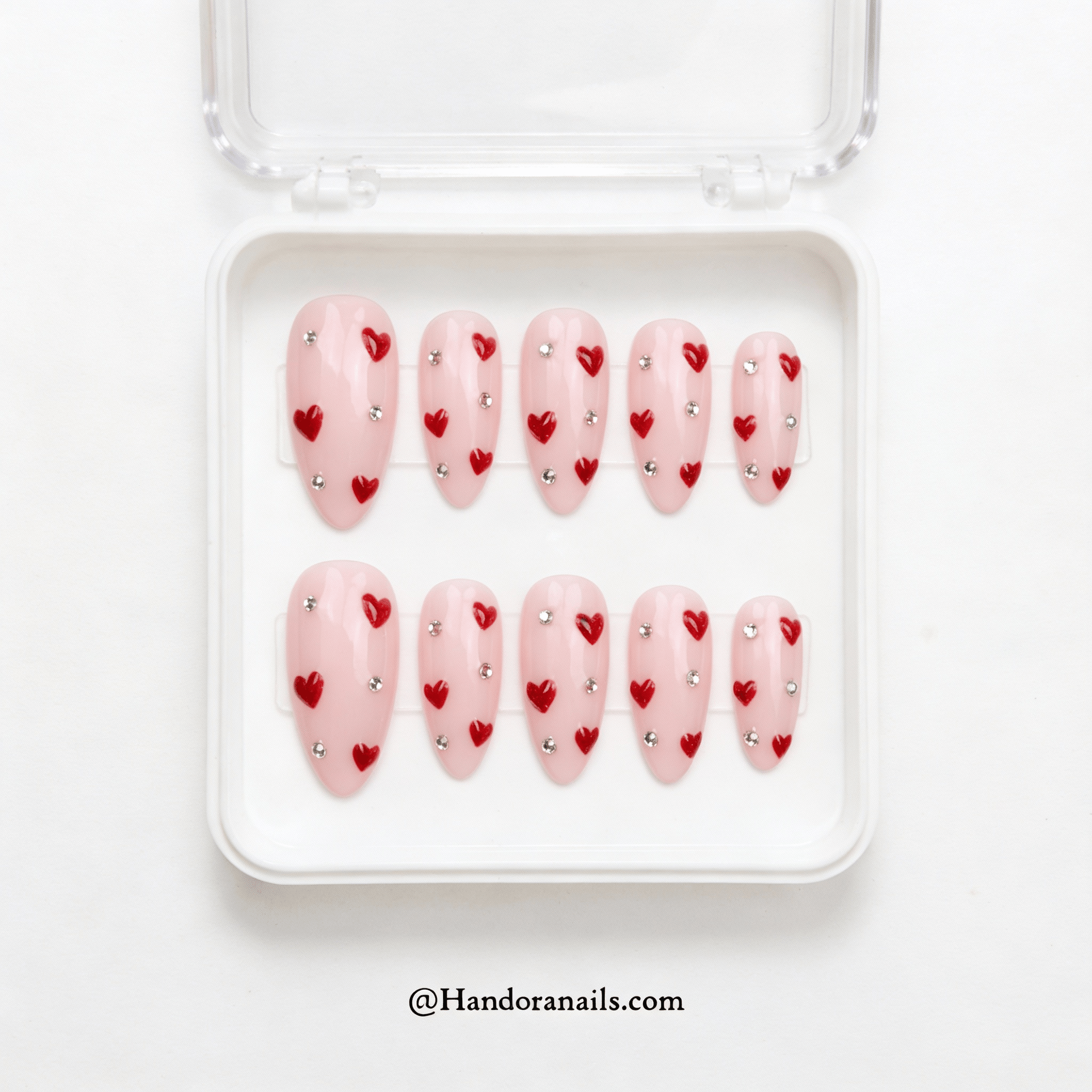 Blush Crush almond press-on nails – design close-up by Handora
