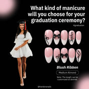 Blush Ribbon press-on nails – hand-painted reusable gel set by Handora
