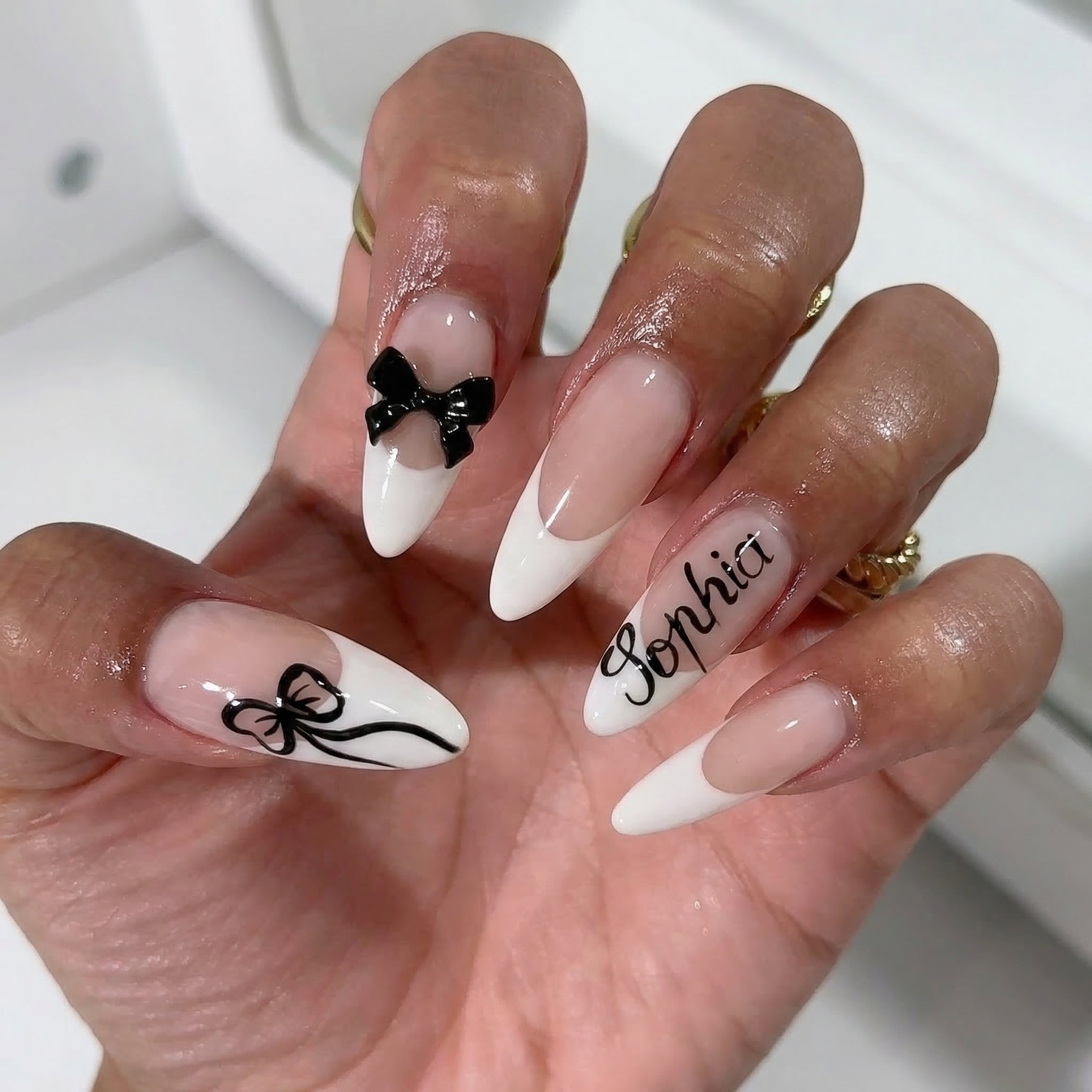Blush Ribbon press-on nails – design close-up by Handora