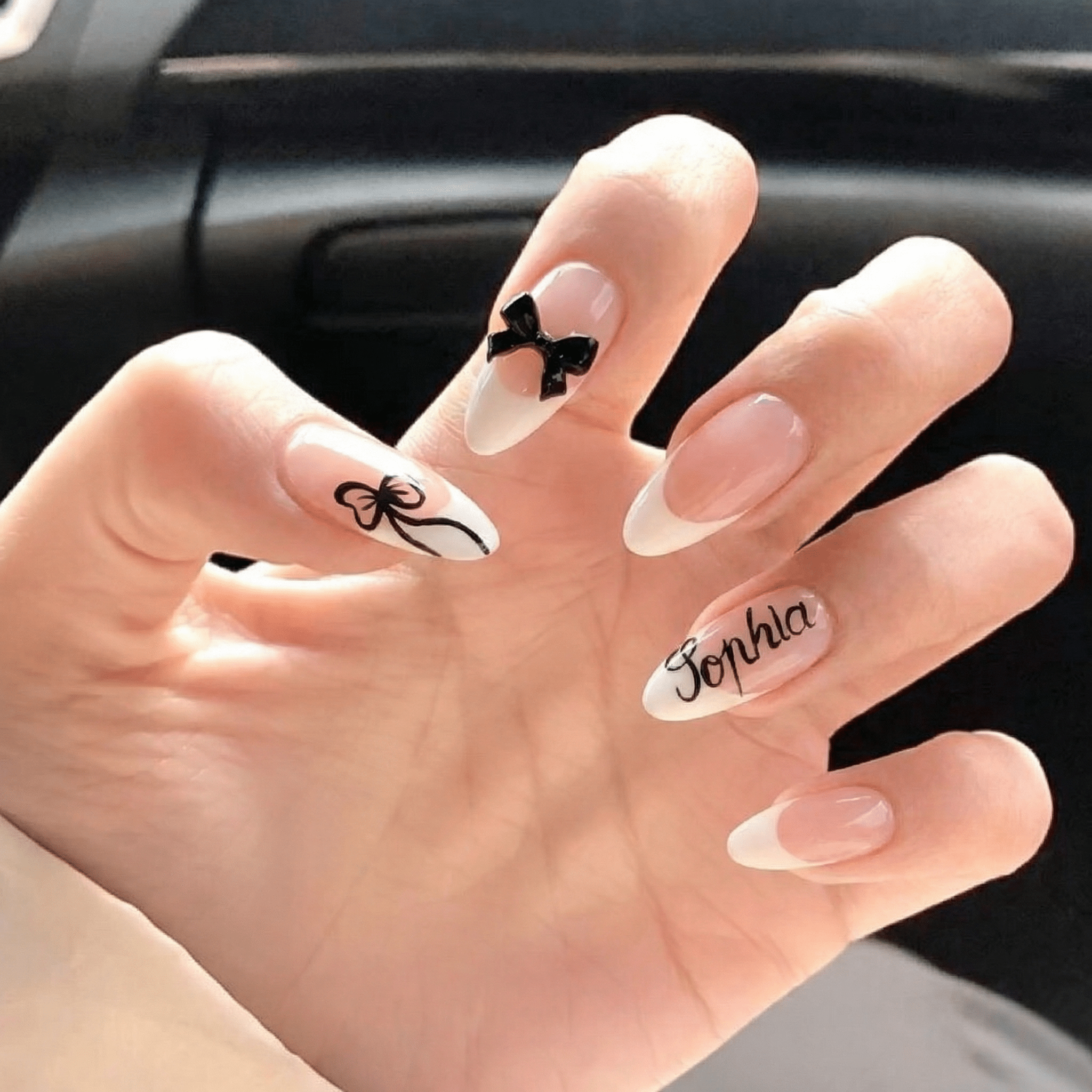 Blush Ribbon nail design – handmade press-on nails by Handora