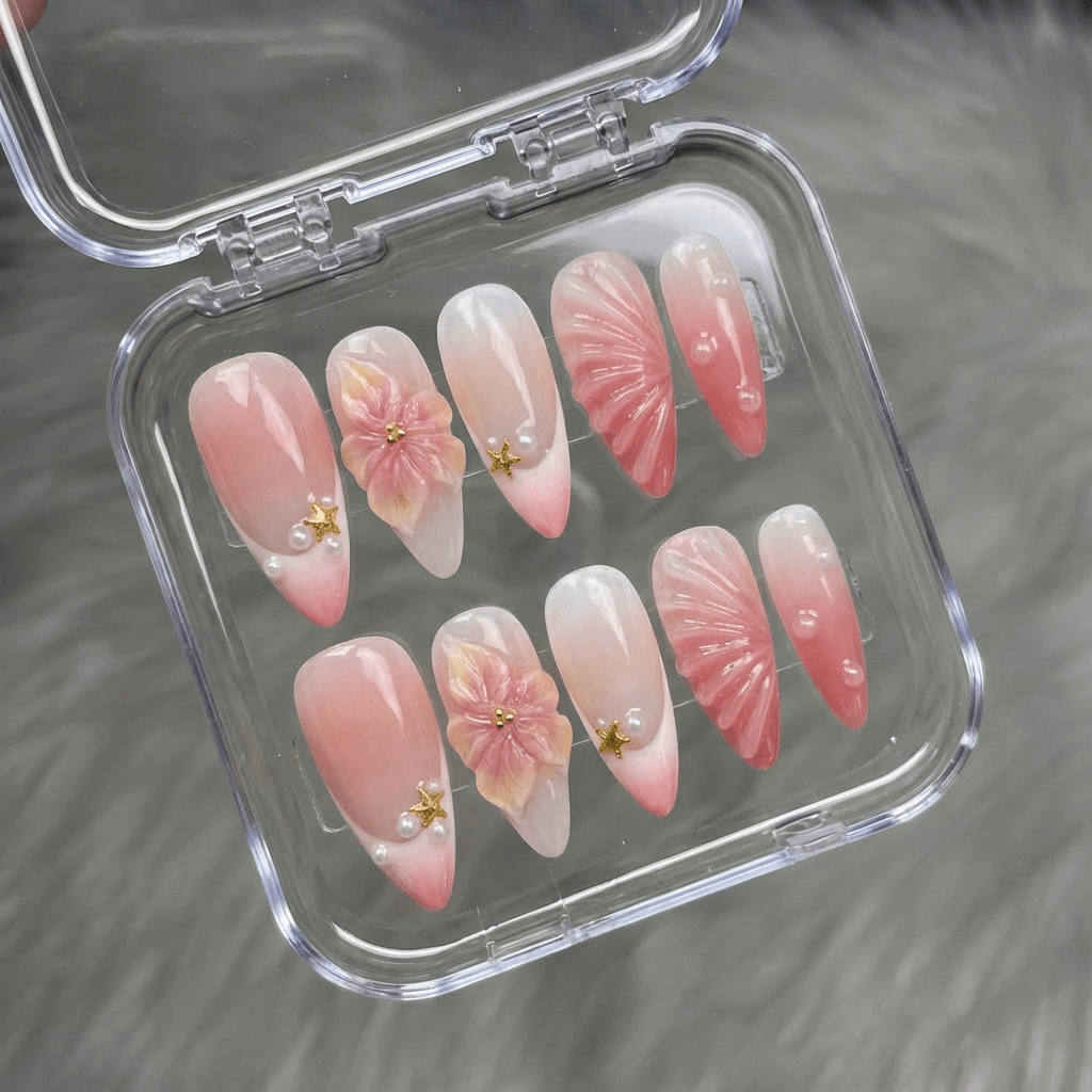 Blushing Petals press-on nails – design close-up by Handora