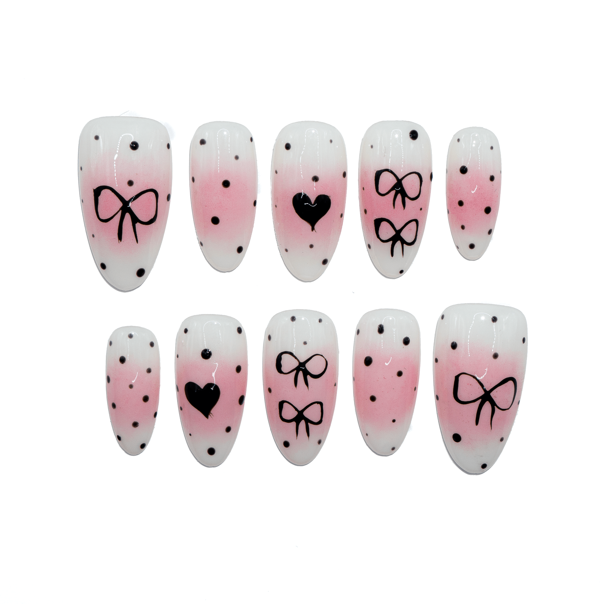 Bow Heart almond cute press-on nails by Handora