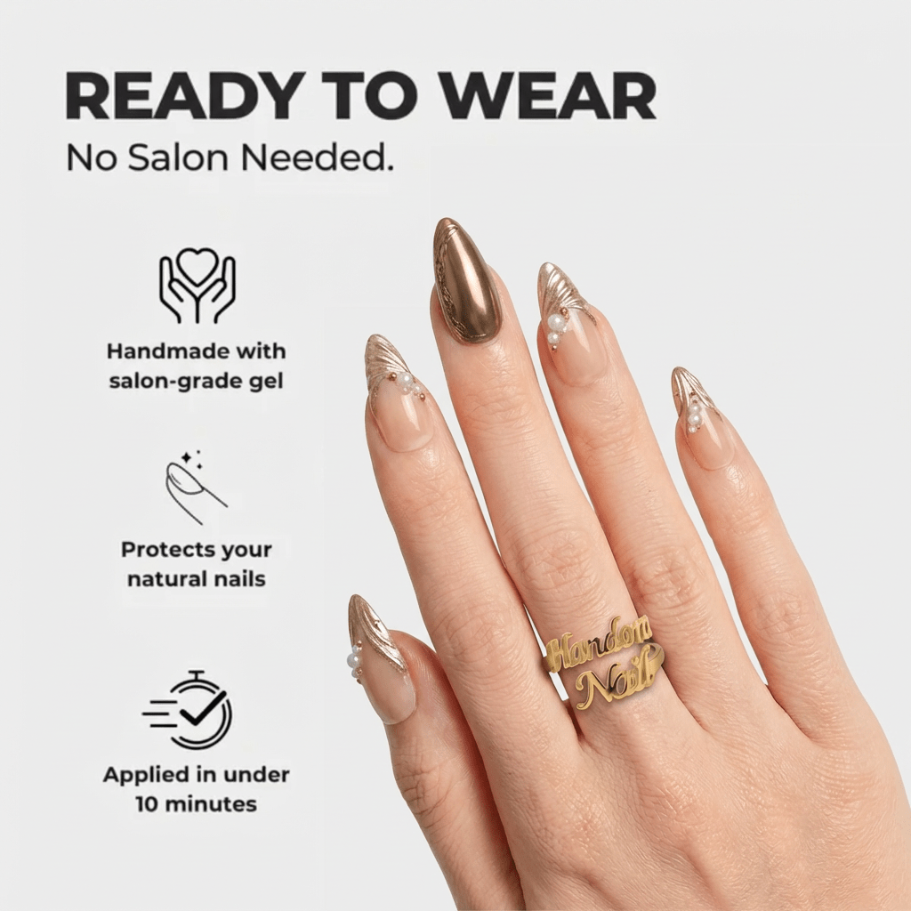 Bronze Radiance almond press-on nails – design close-up by Handora