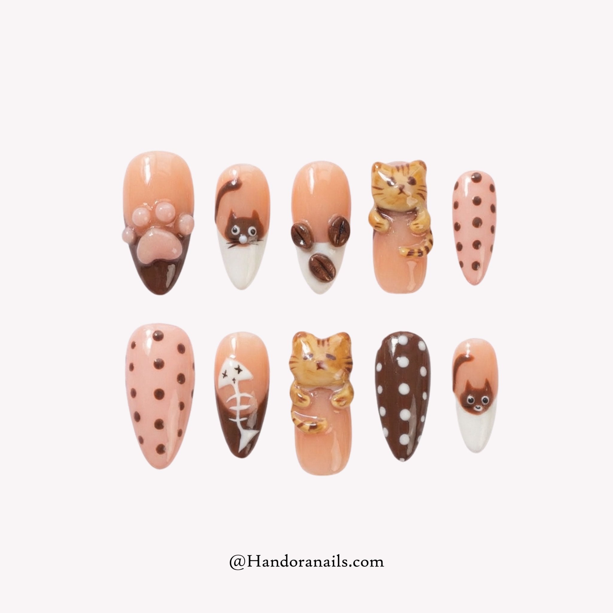 Brownie Kitty almond 3d press-on nails by Handora