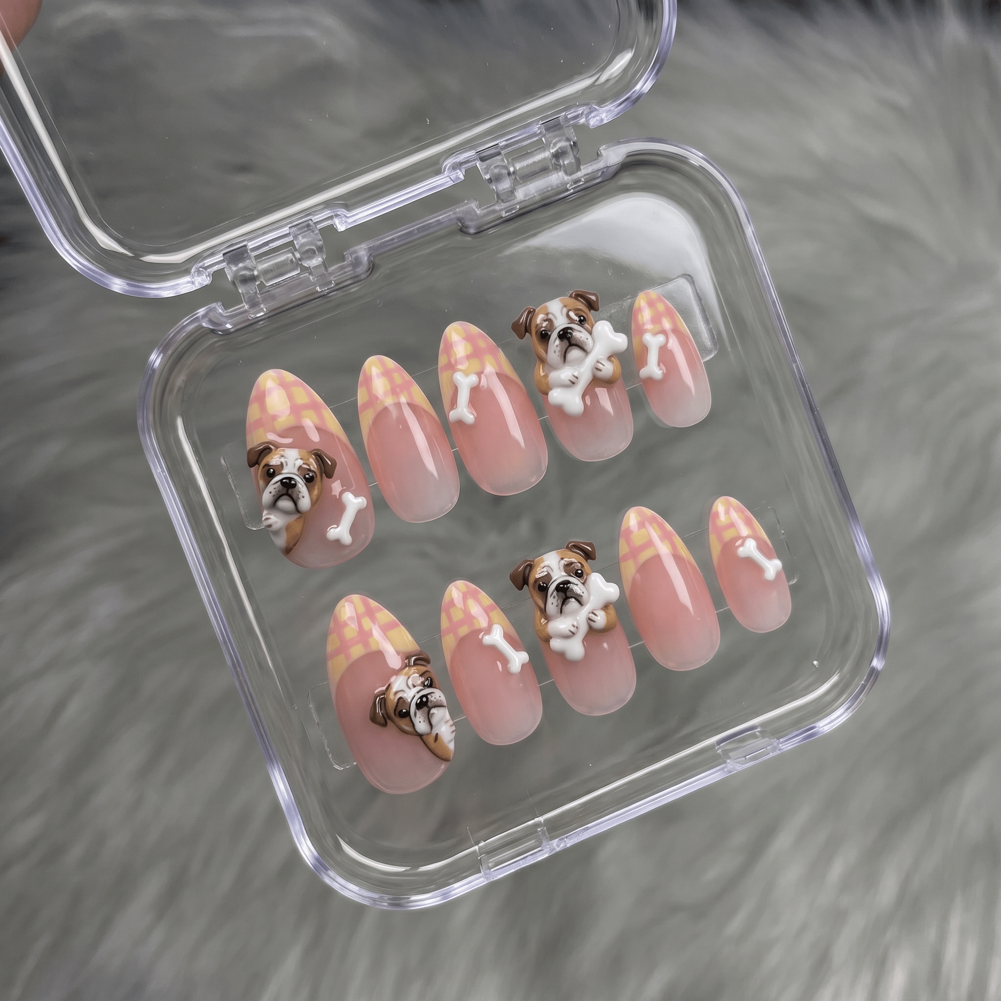 Bulldog Plaid kawaii nail design – handmade press-on nails by Handora