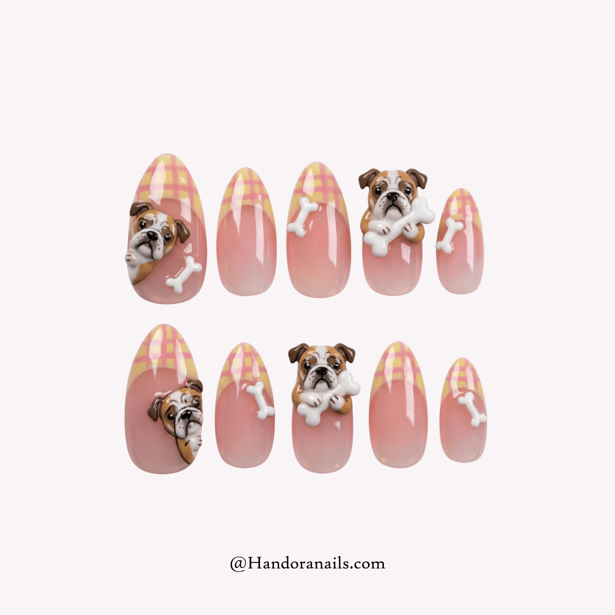 Bulldog Plaid almond kawaii press-on nails by Handora