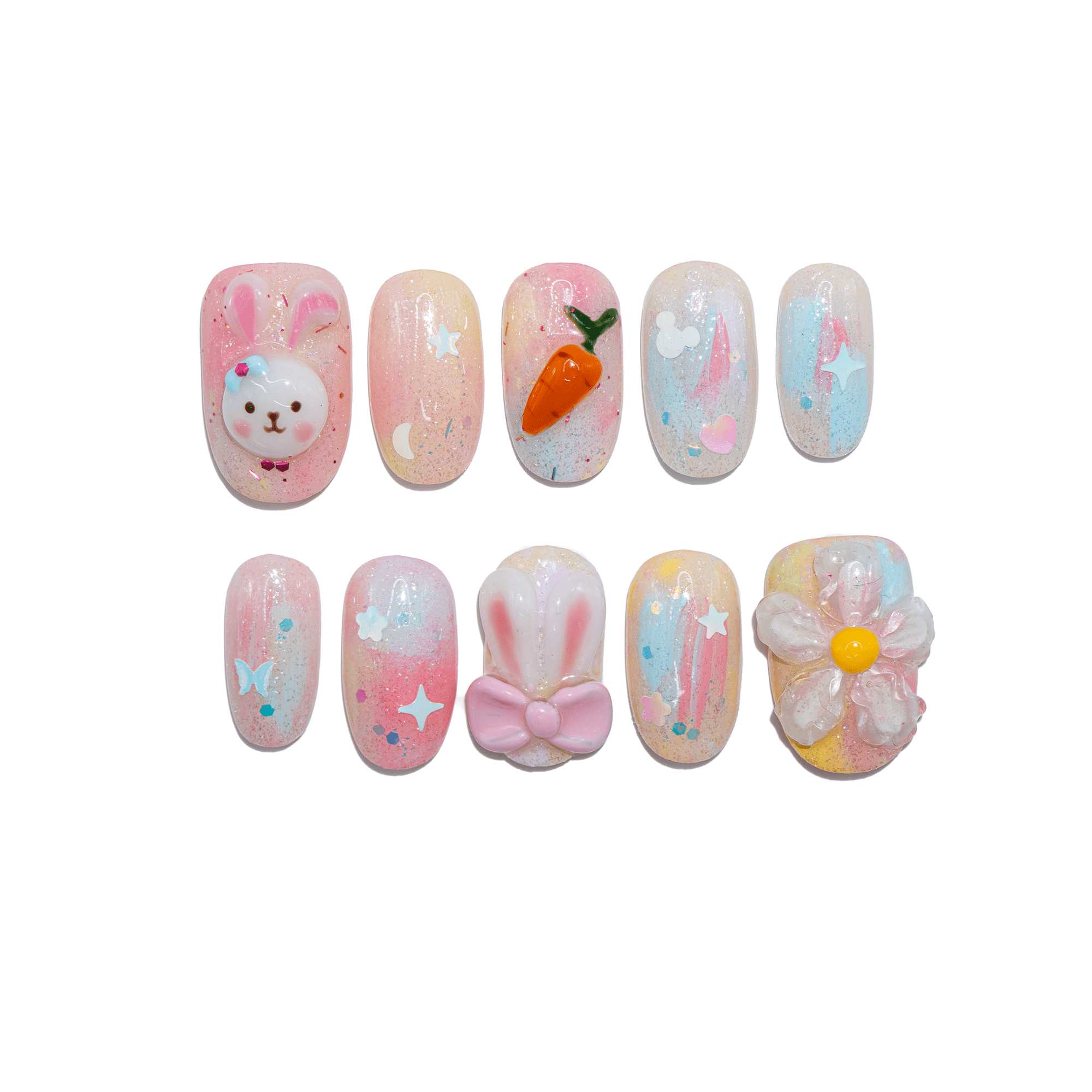 Bunny Garden oval kawaii press-on nails by Handora