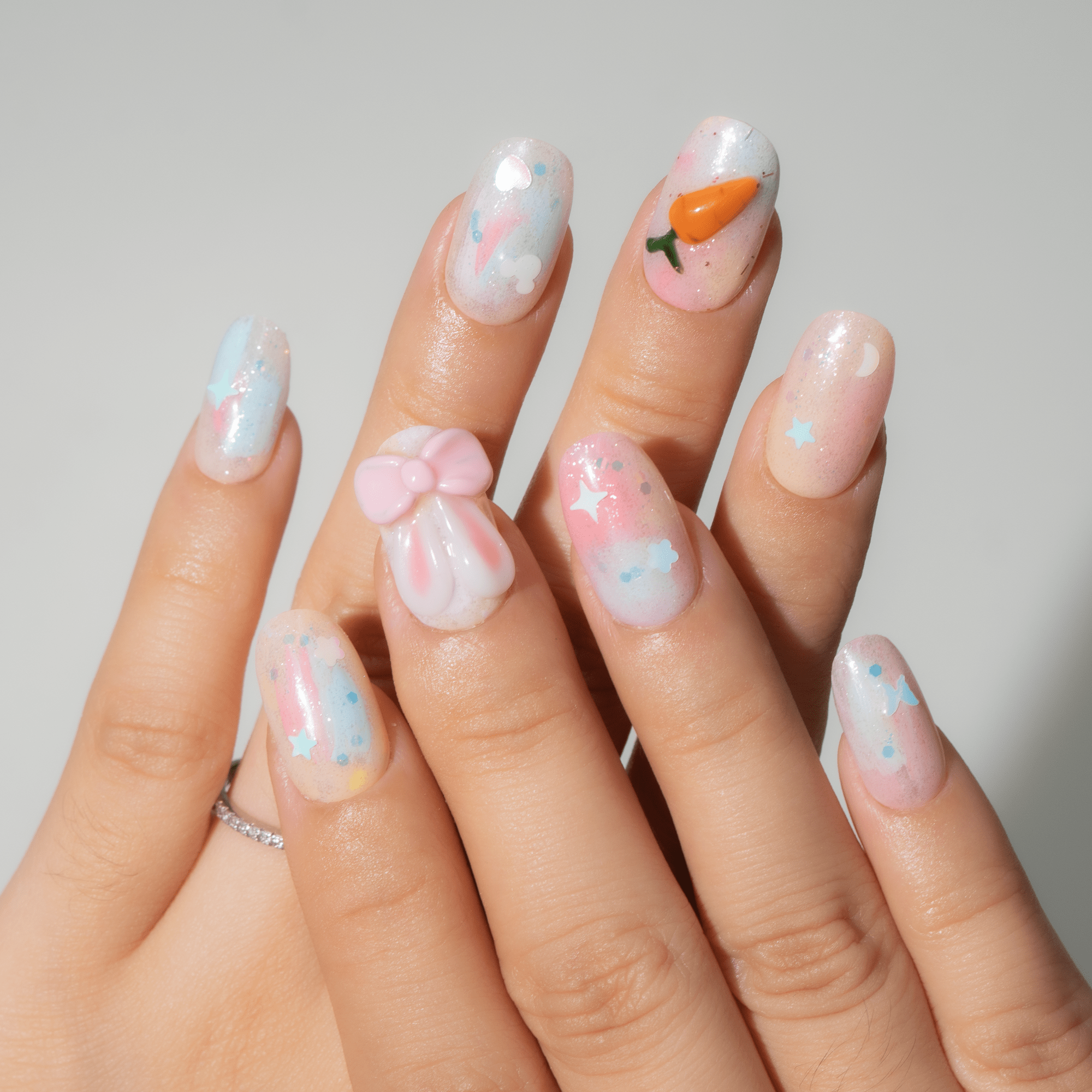 Bunny Garden kawaii nail design – handmade press-on nails by Handora