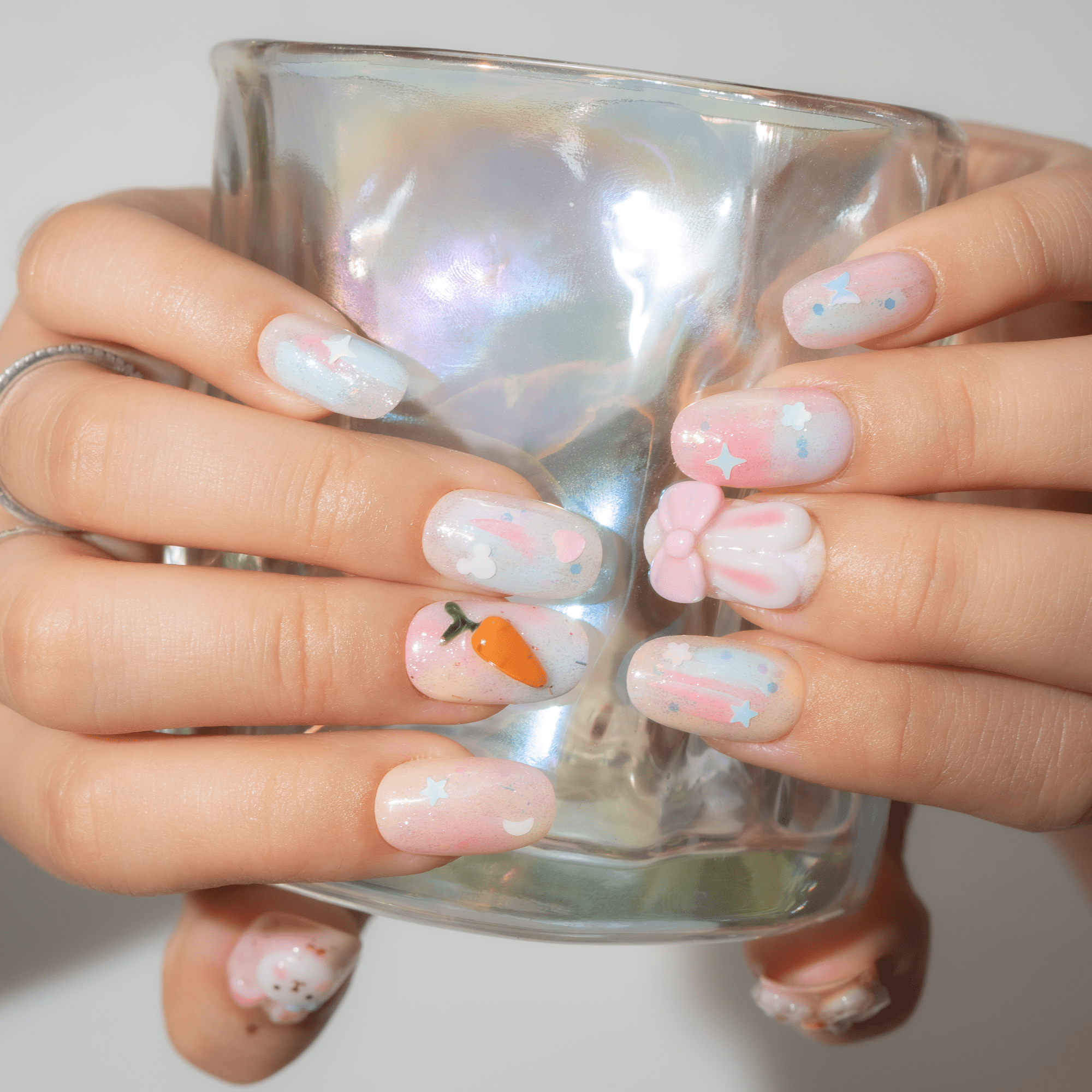 Bunny Garden press-on nails – hand-painted reusable gel set by Handora