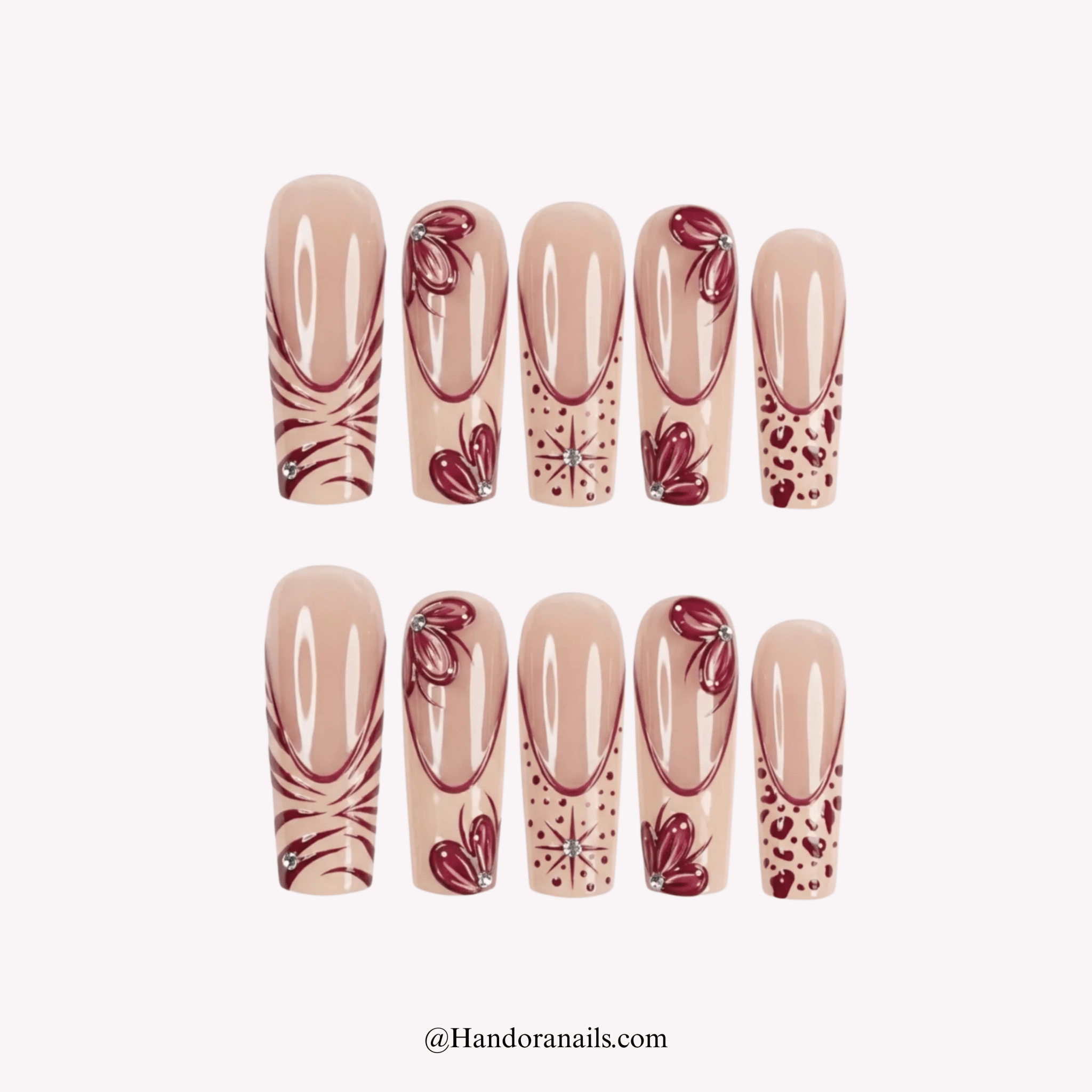 Burgundy Bloom burgundy coffin floral press-on nails by Handora