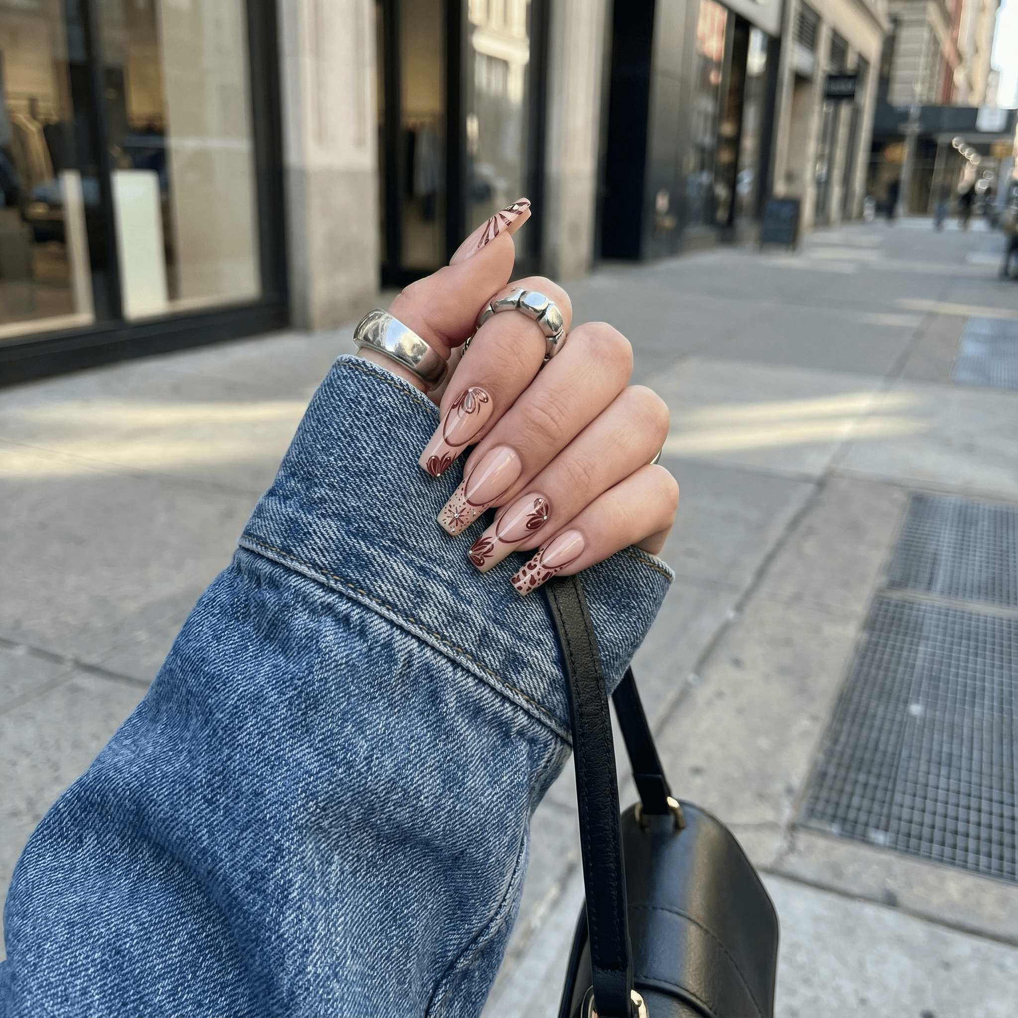Burgundy Bloom press-on nails – hand-painted reusable gel set by Handora