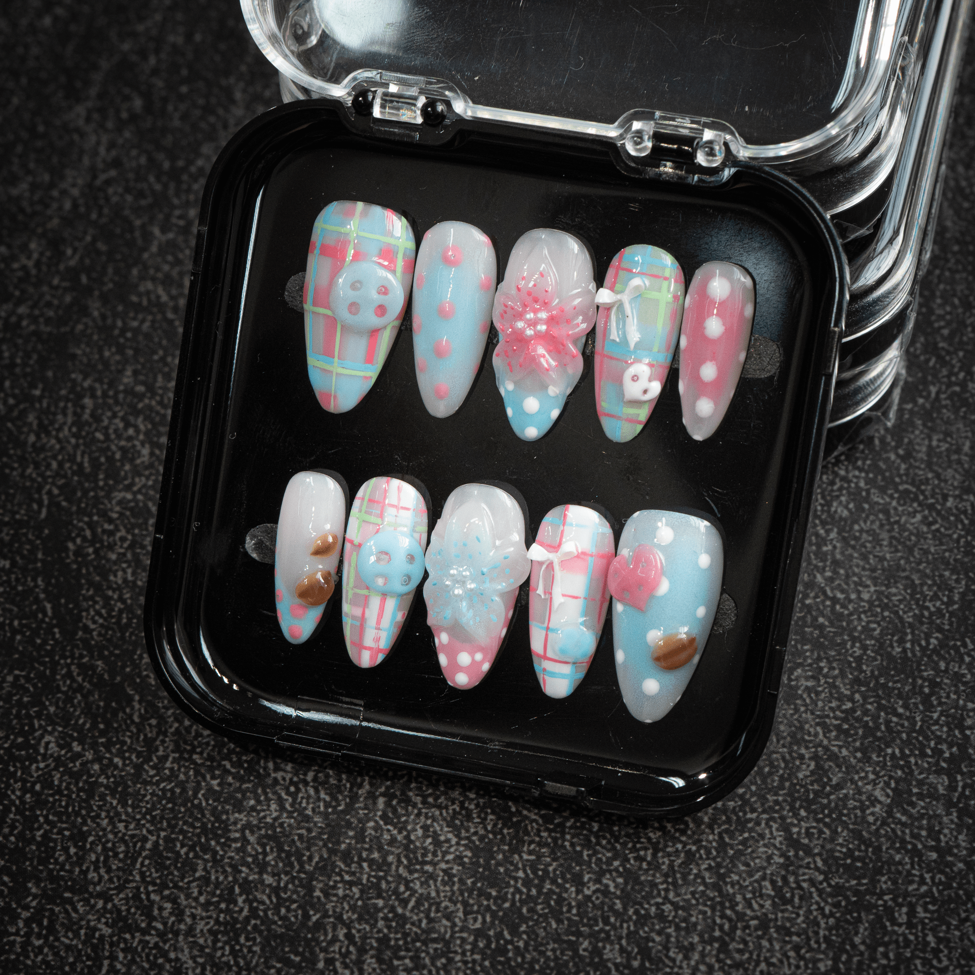 Button Plaid press-on nails – hand-painted reusable gel set by Handora