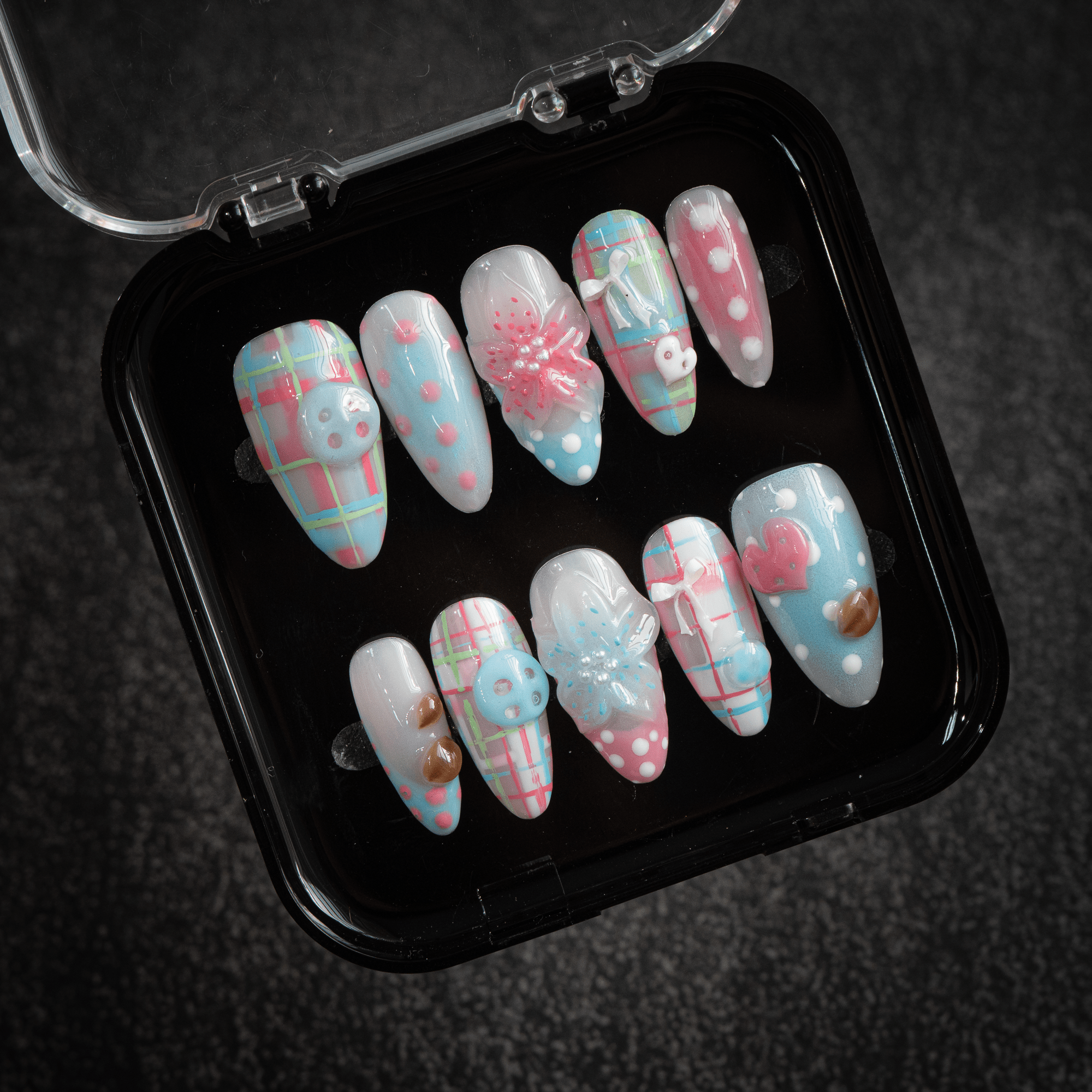 Button Plaid kawaii nail design – handmade press-on nails by Handora