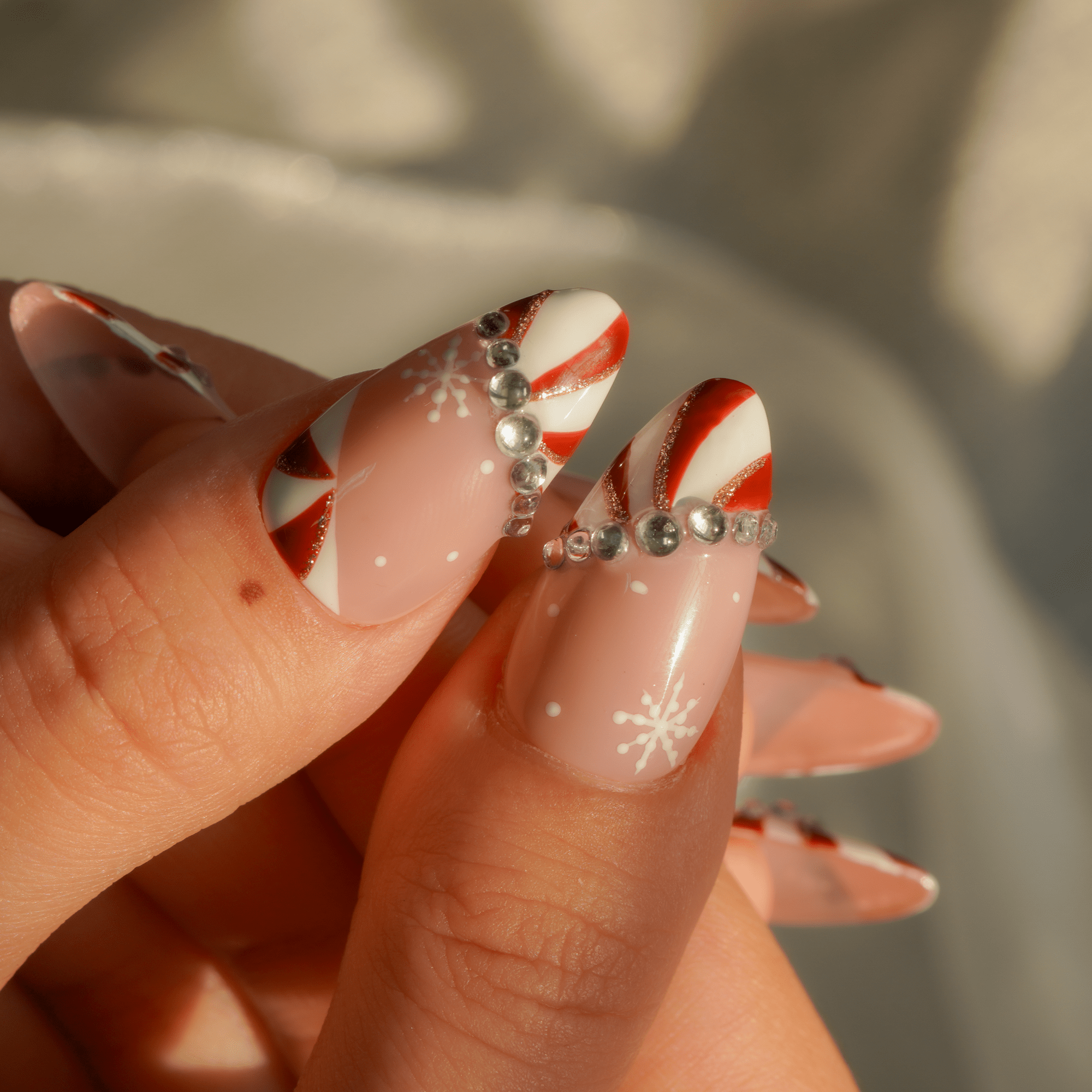 Candy Glam almond press-on nails – design close-up by Handora