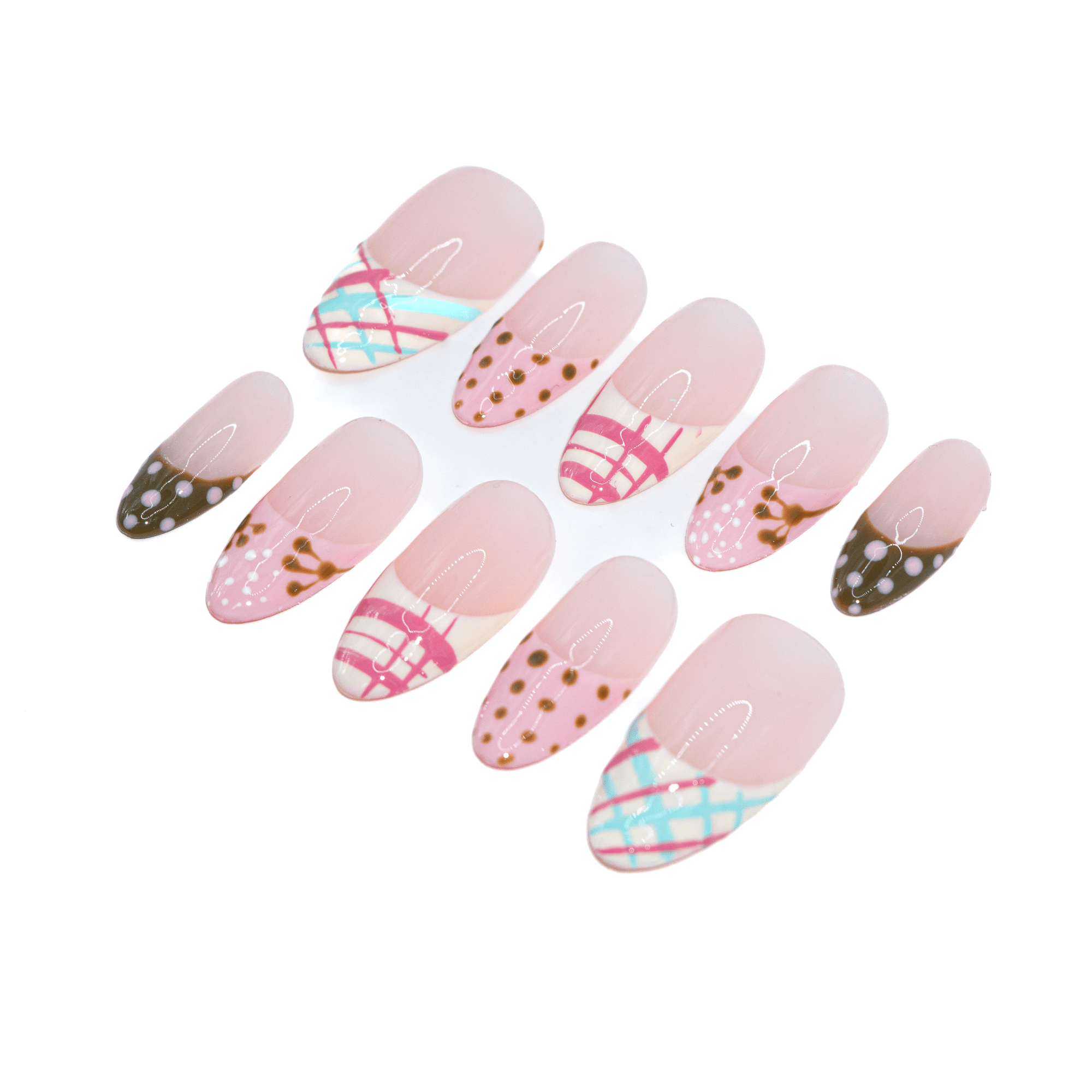 Candy Mix almond press-on nails – design close-up by Handora