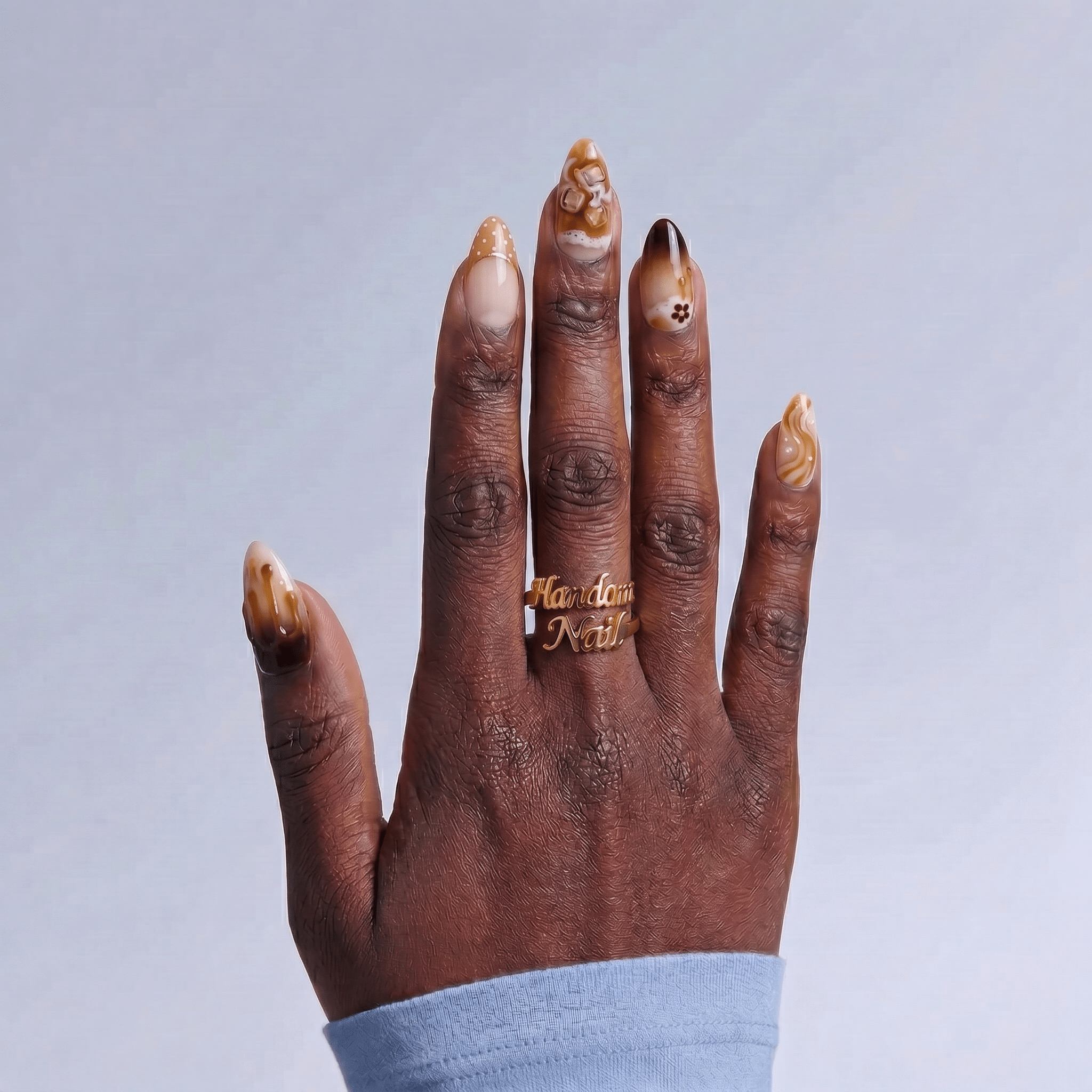 Caramel Macchiato press-on nails – hand-painted reusable gel set by Handora