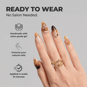 Caramel Macchiato almond press-on nails – design close-up by Handora