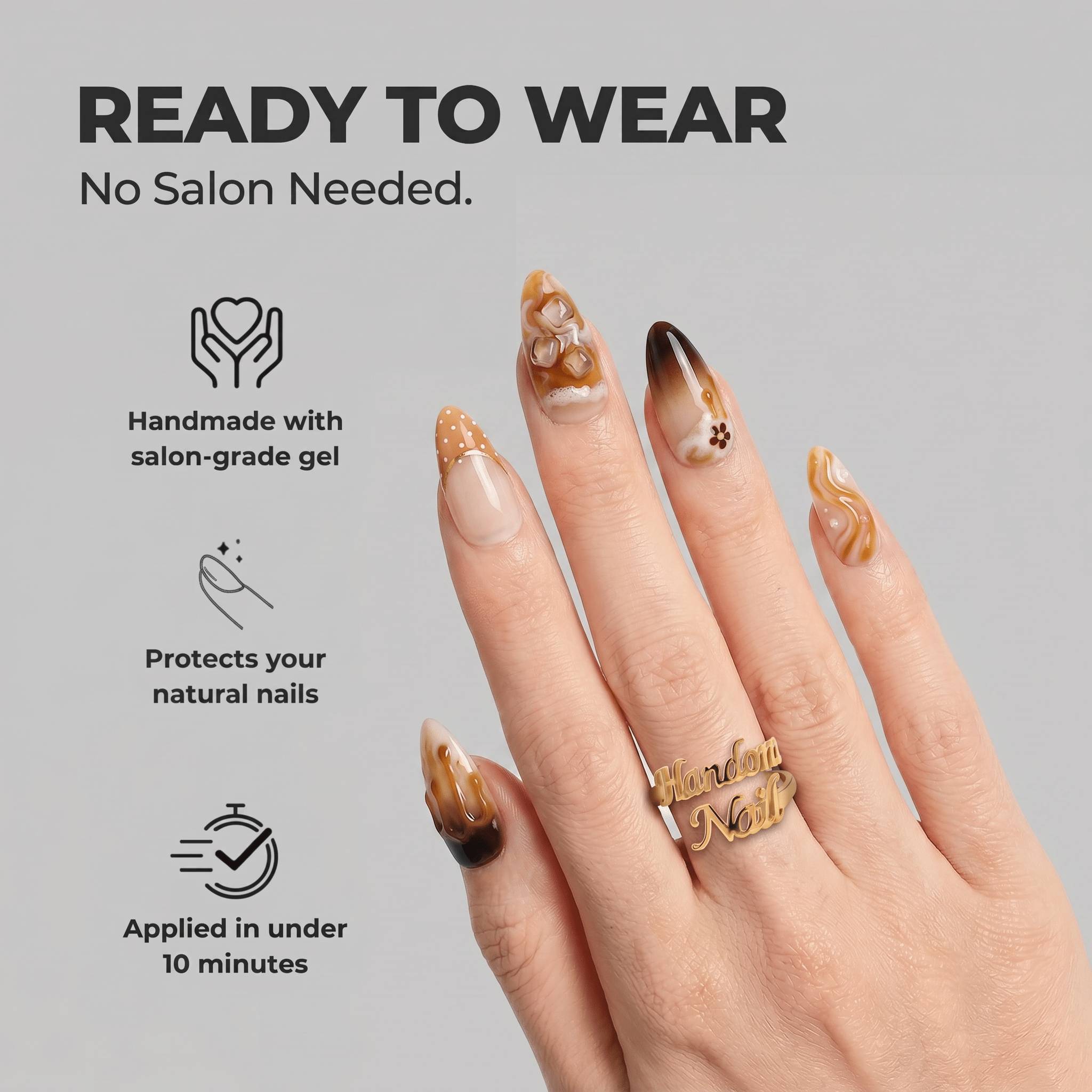 Caramel Macchiato almond press-on nails – design close-up by Handora