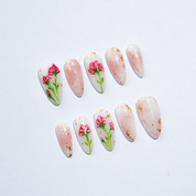 Carnation Bloom floral nail design – handmade press-on nails by Handora