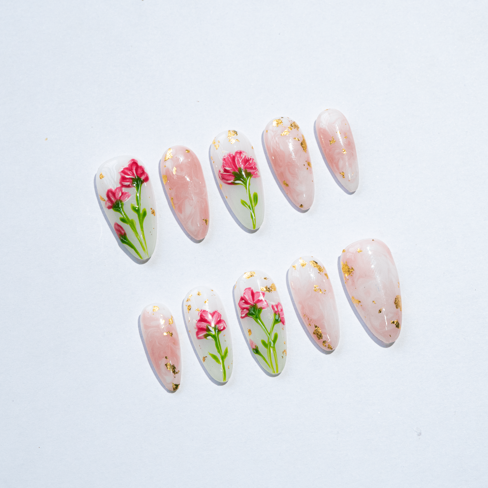 Carnation Bloom floral nail design – handmade press-on nails by Handora