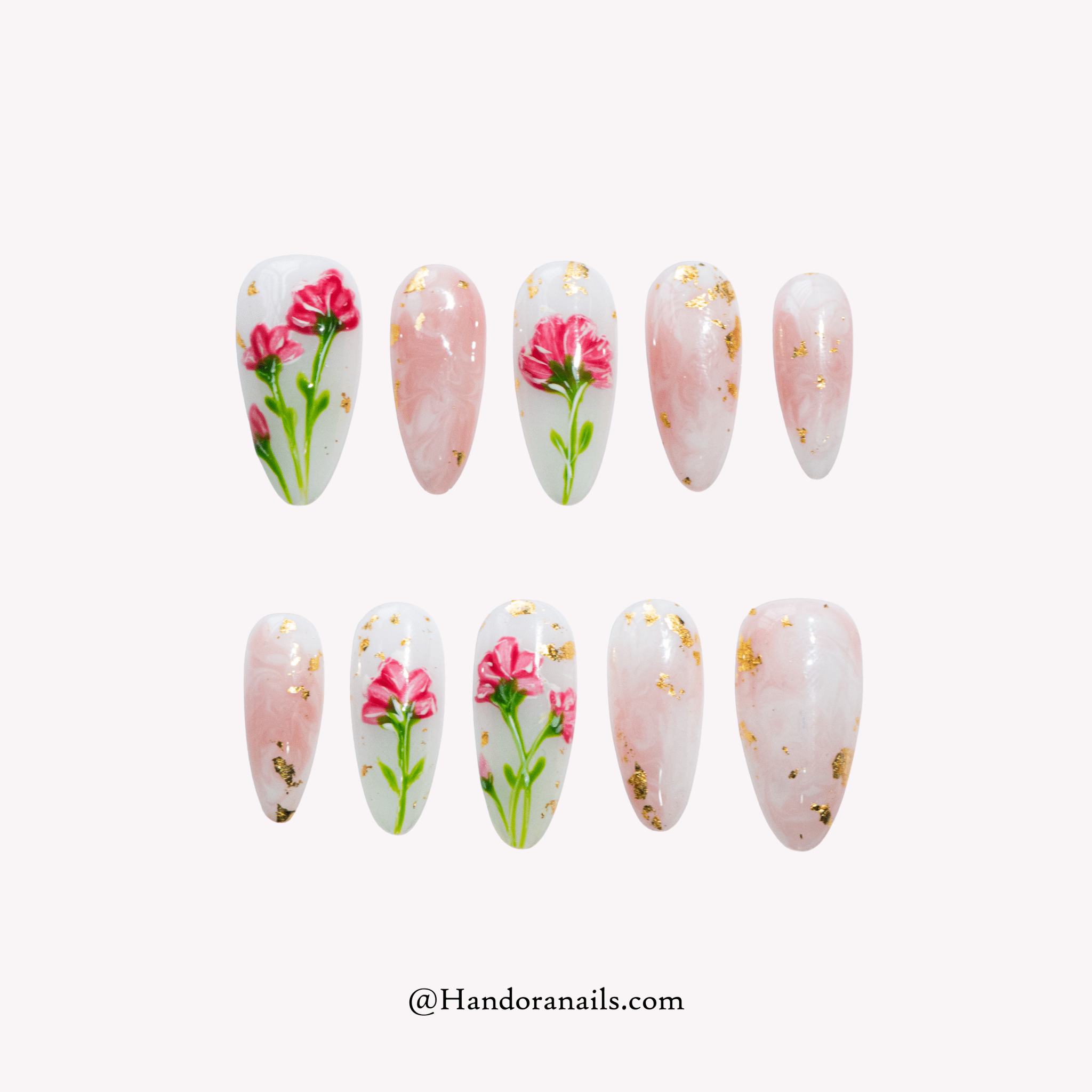 Carnation Bloom floral press-on nails by Handora