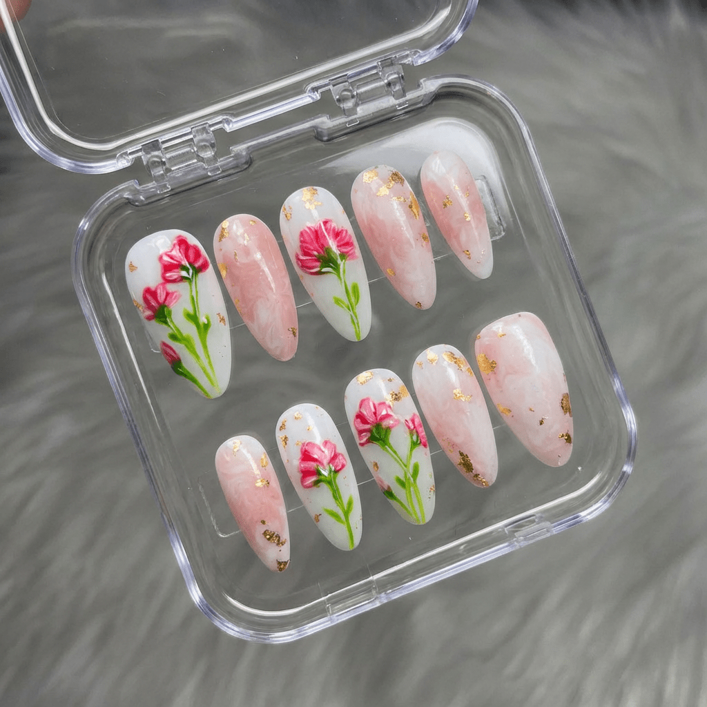 Carnation Bloom press-on nails – design close-up by Handora