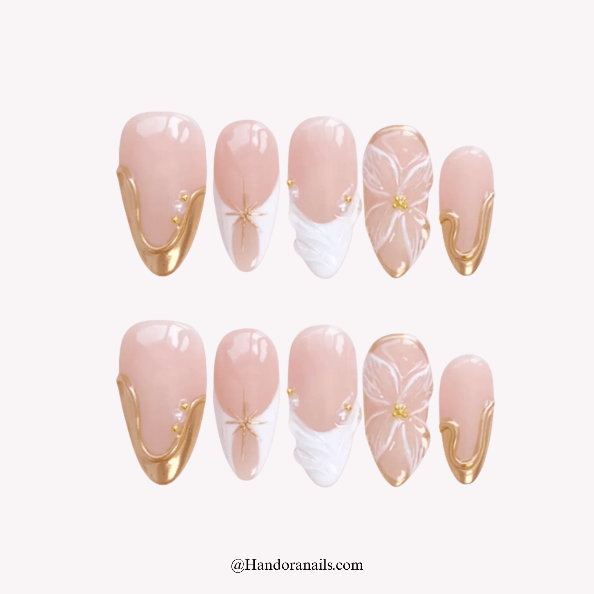 Celestial Bloom almond floral press-on nails by Handora