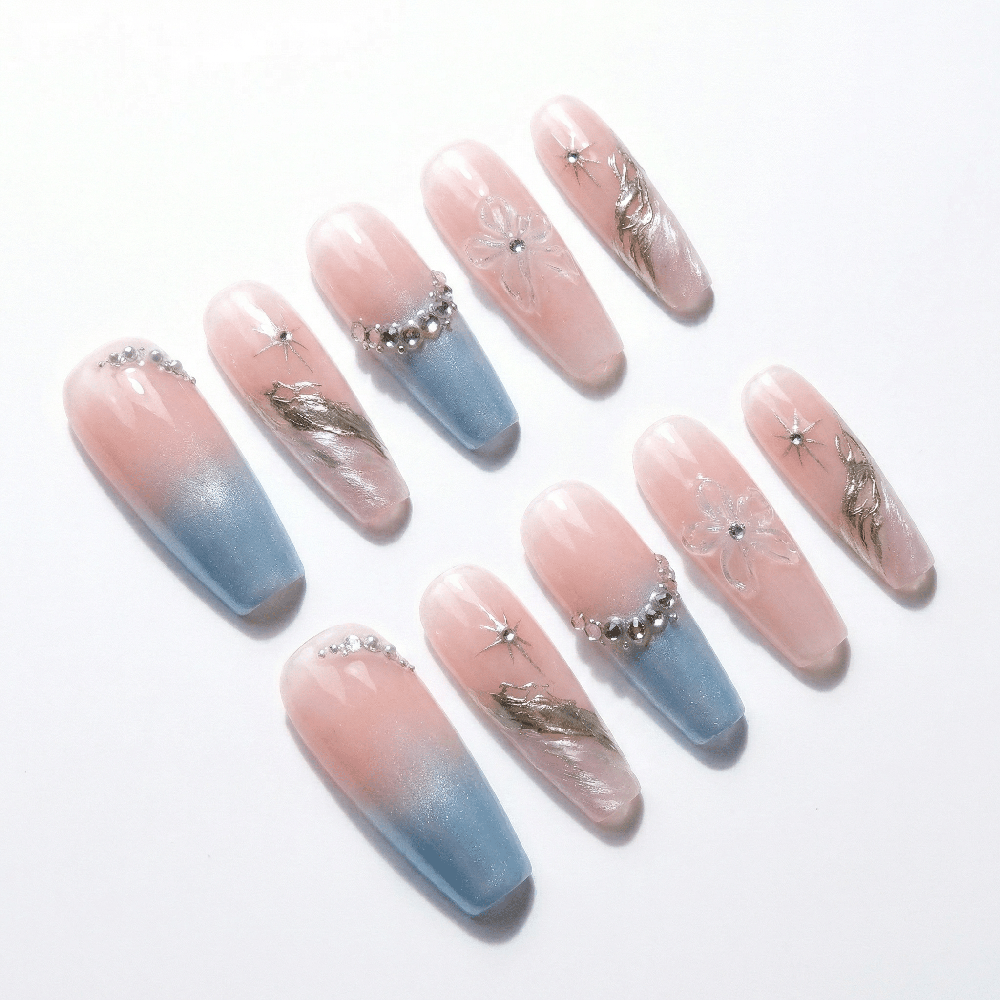 Celestial Blossom floral nail design – handmade press-on nails by Handora