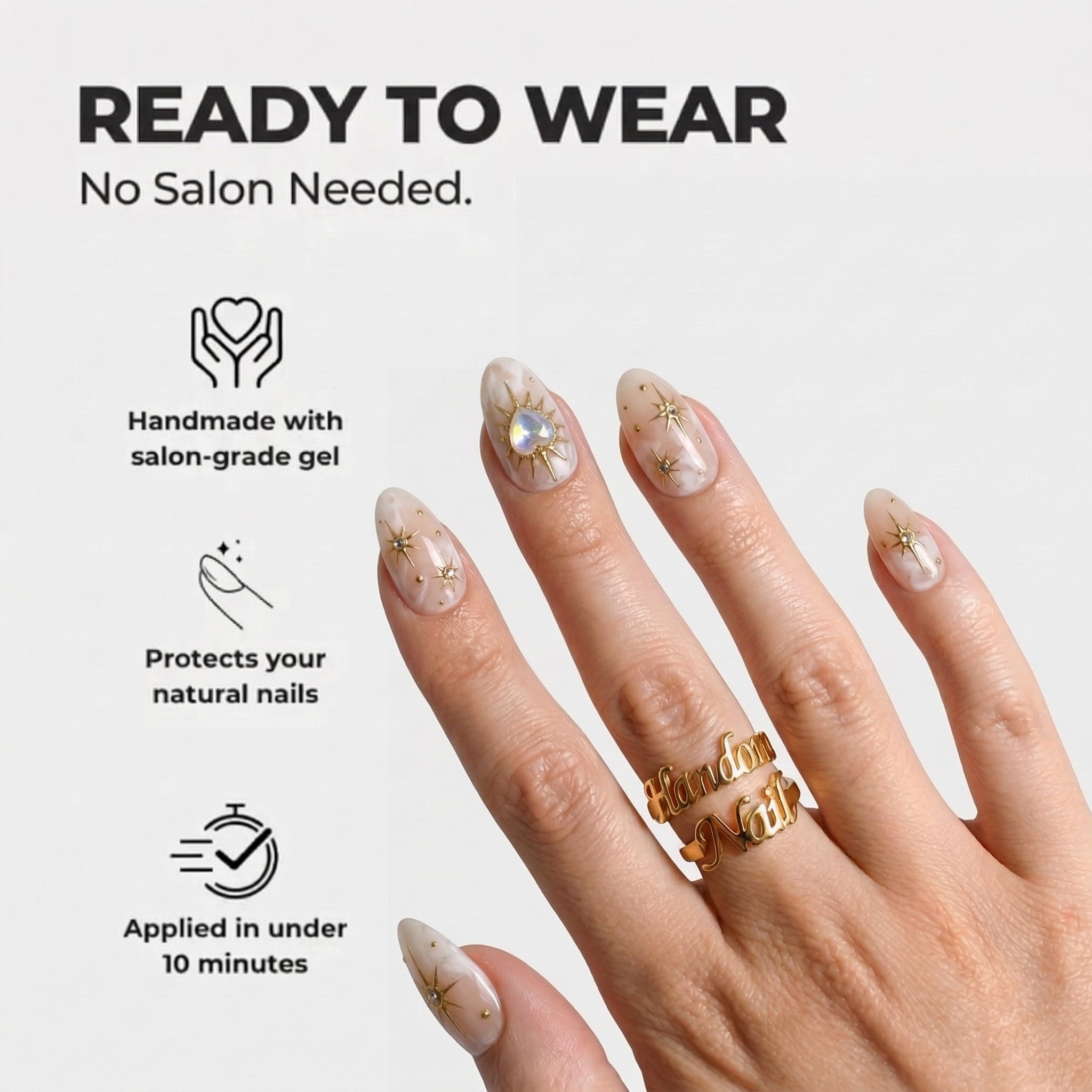 Celestial Nude press-on nails – hand-painted reusable gel set by Handora