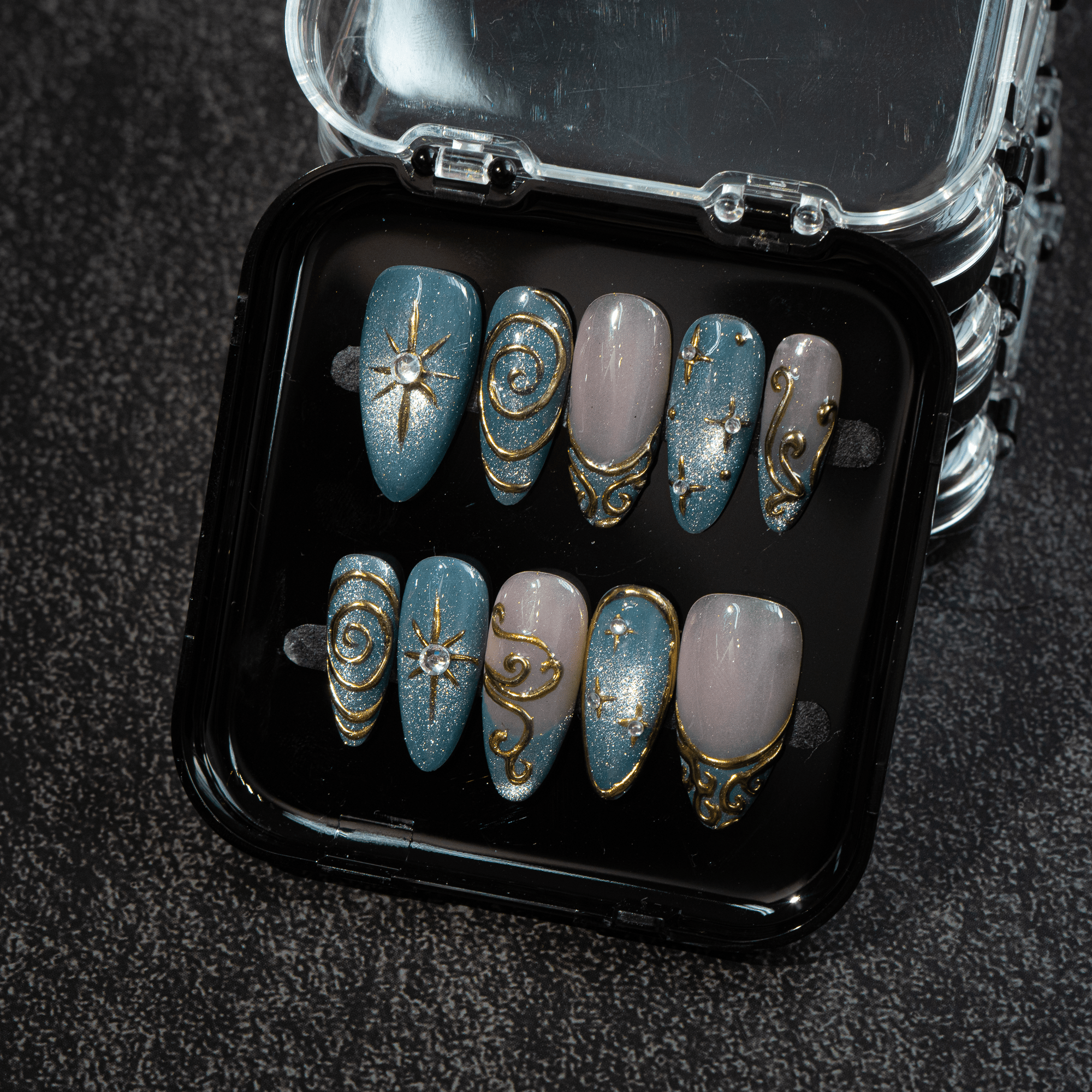 Celestial Swirl press-on nails – hand-painted reusable gel set by Handora