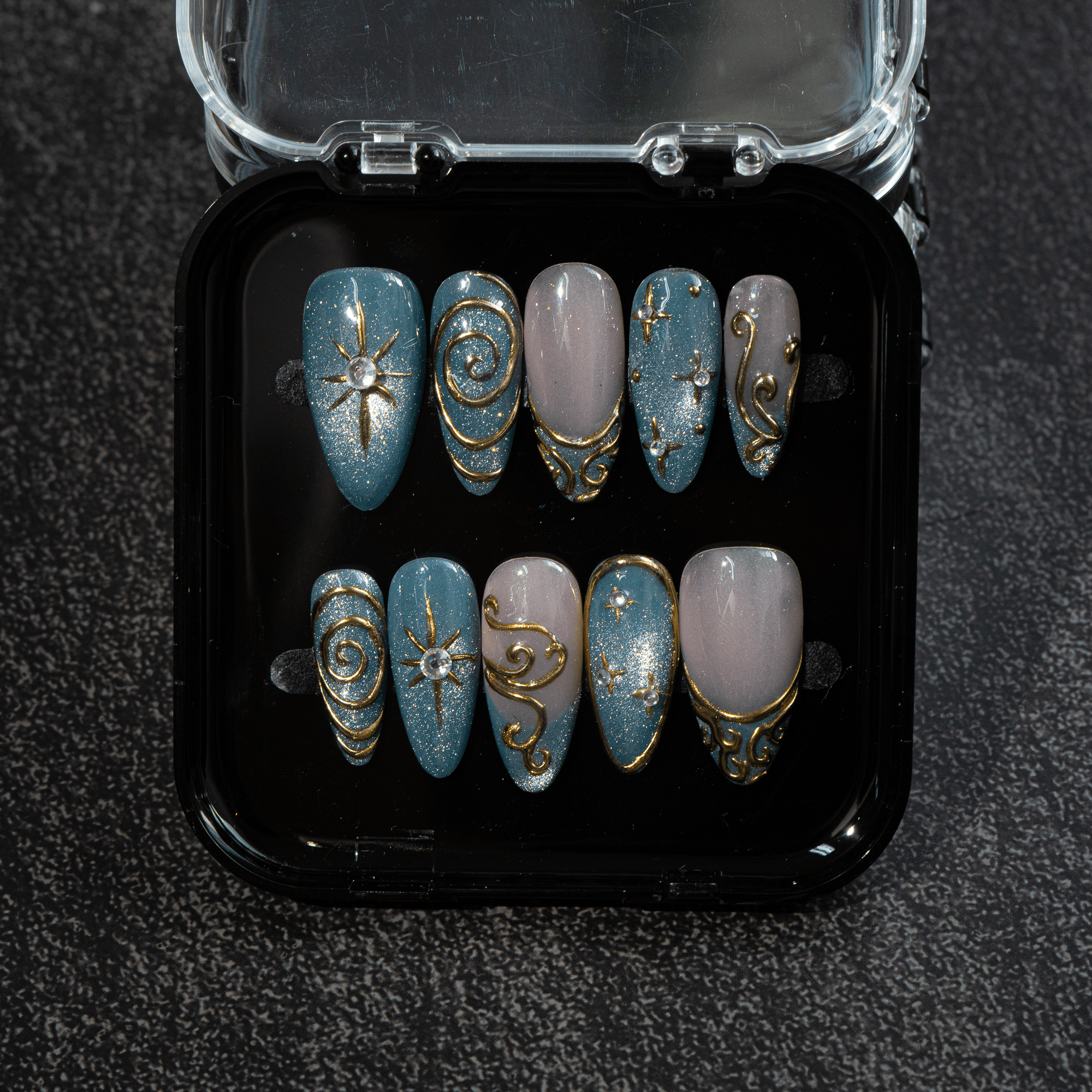 Celestial Swirl press-on nails – design close-up by Handora