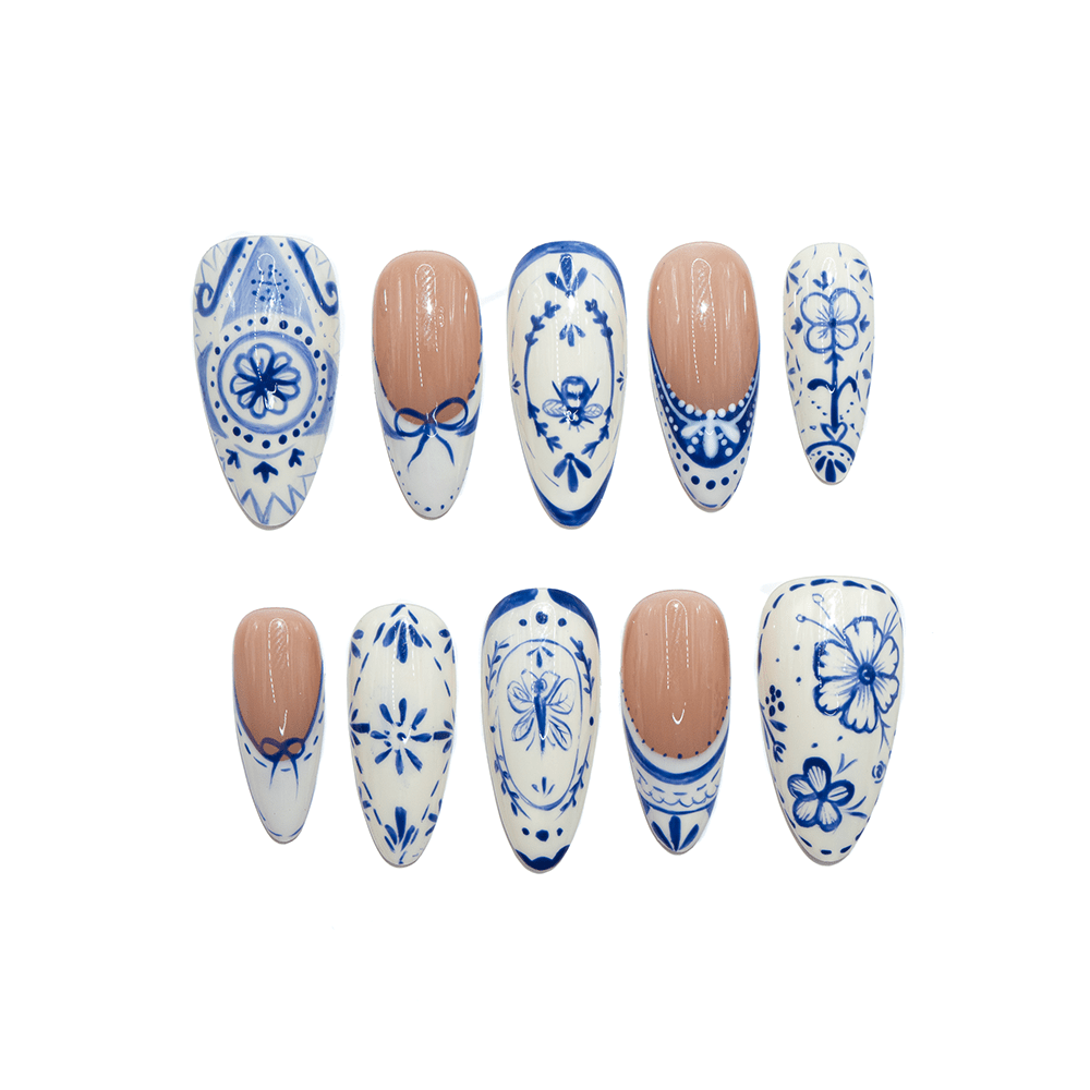Ceramic Bloom almond floral press-on nails by Handora