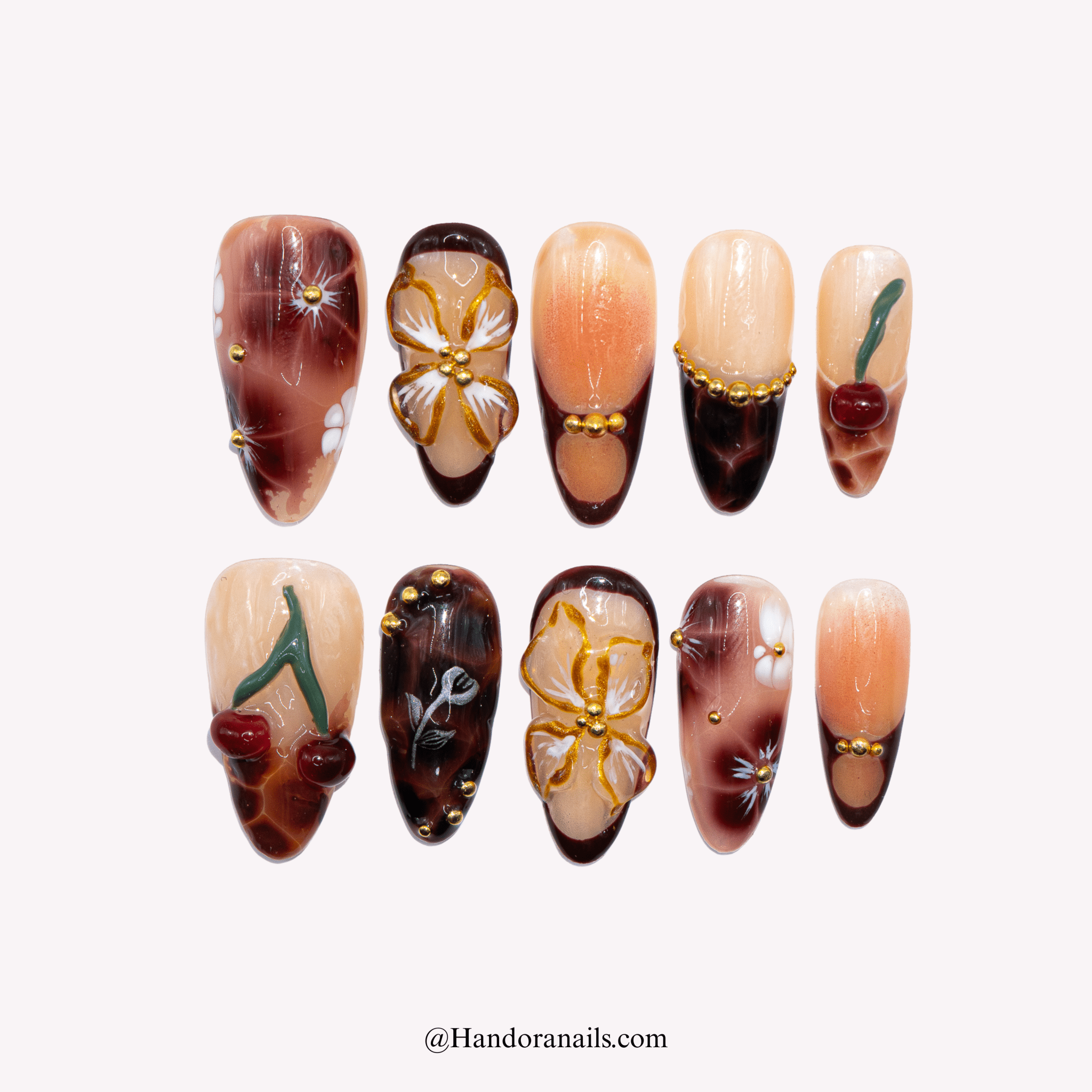 Cherry Bloom red almond autumn press-on nails by Handora