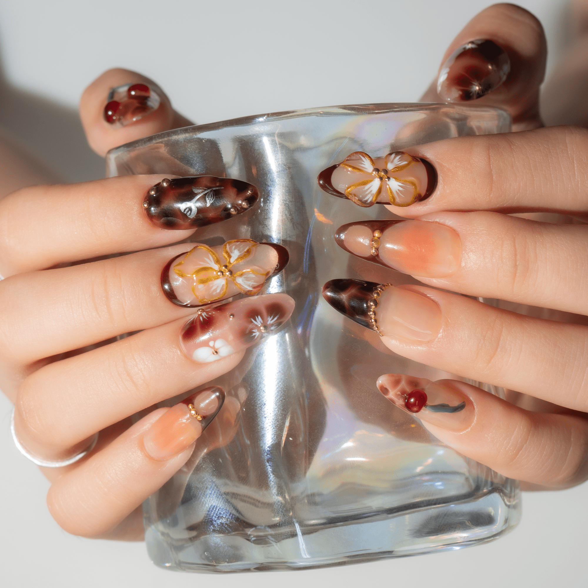 Cherry Bloom autumn nail design – handmade press-on nails by Handora