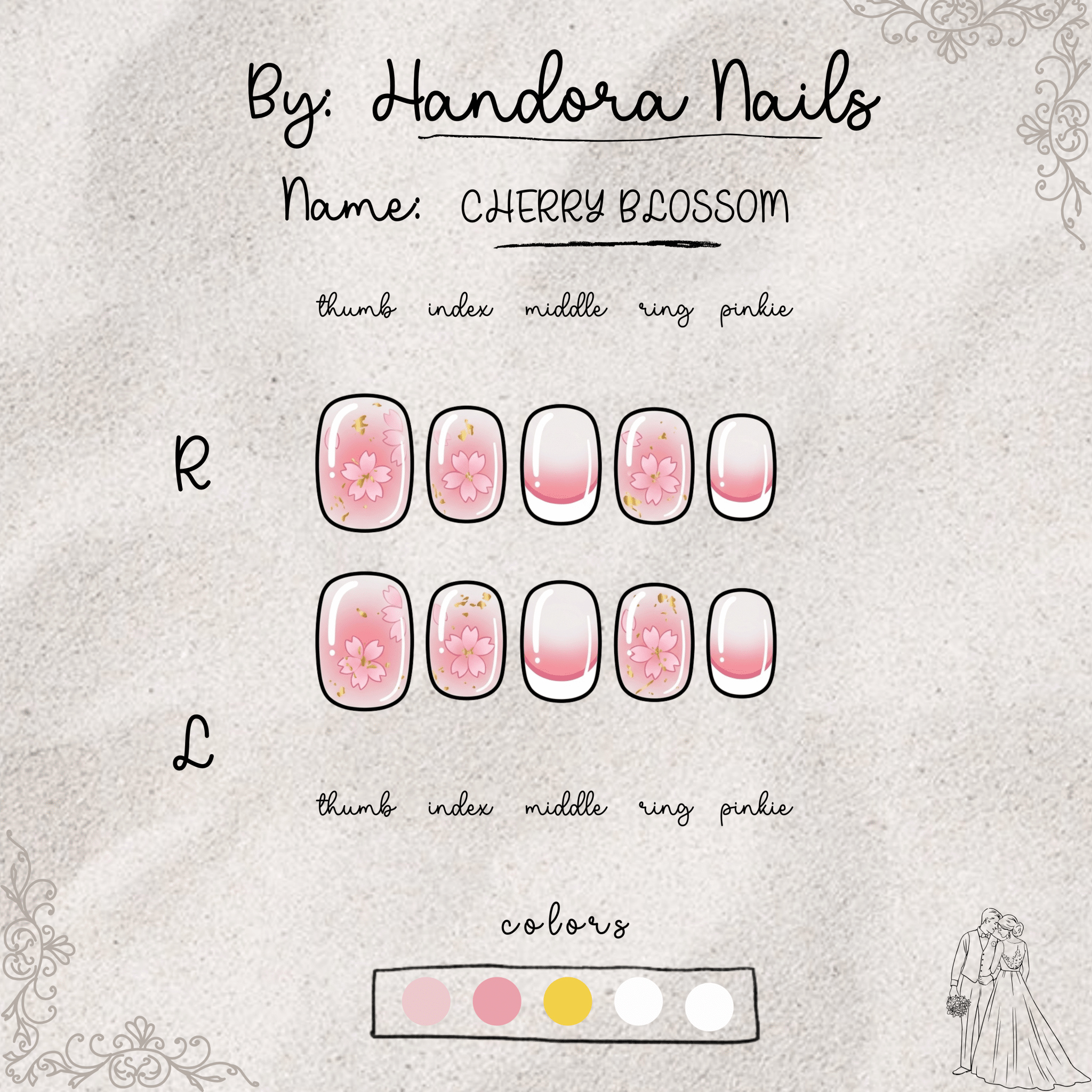 Cherry Blossom round press-on nails – design close-up by Handora