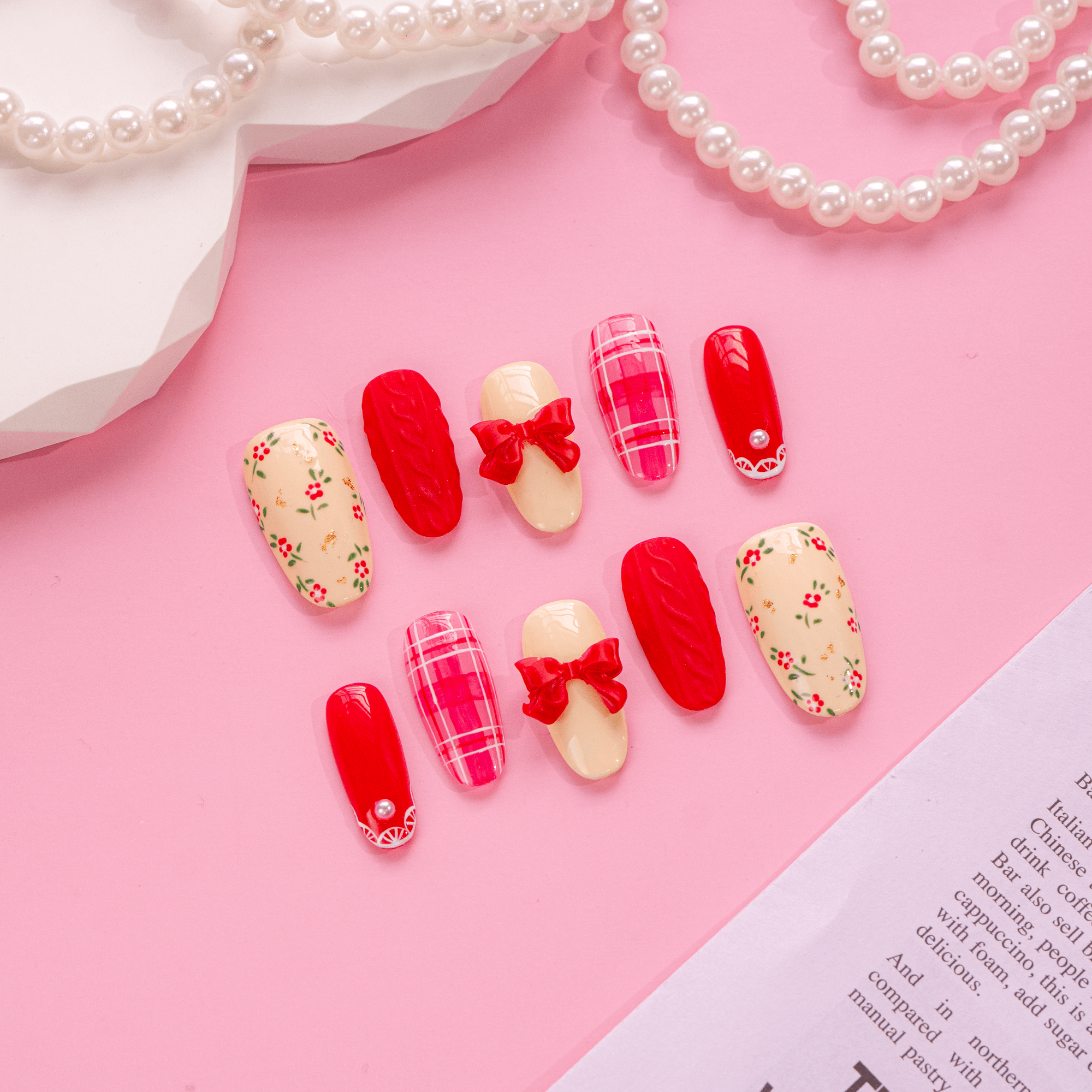Cherry Coquette press-on nails – design close-up by Handora