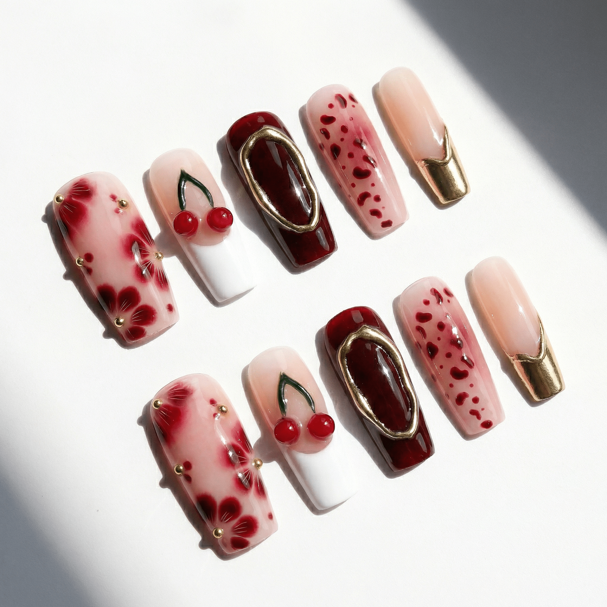 Cherry Crimson cat eye nail design – handmade press-on nails by Handora