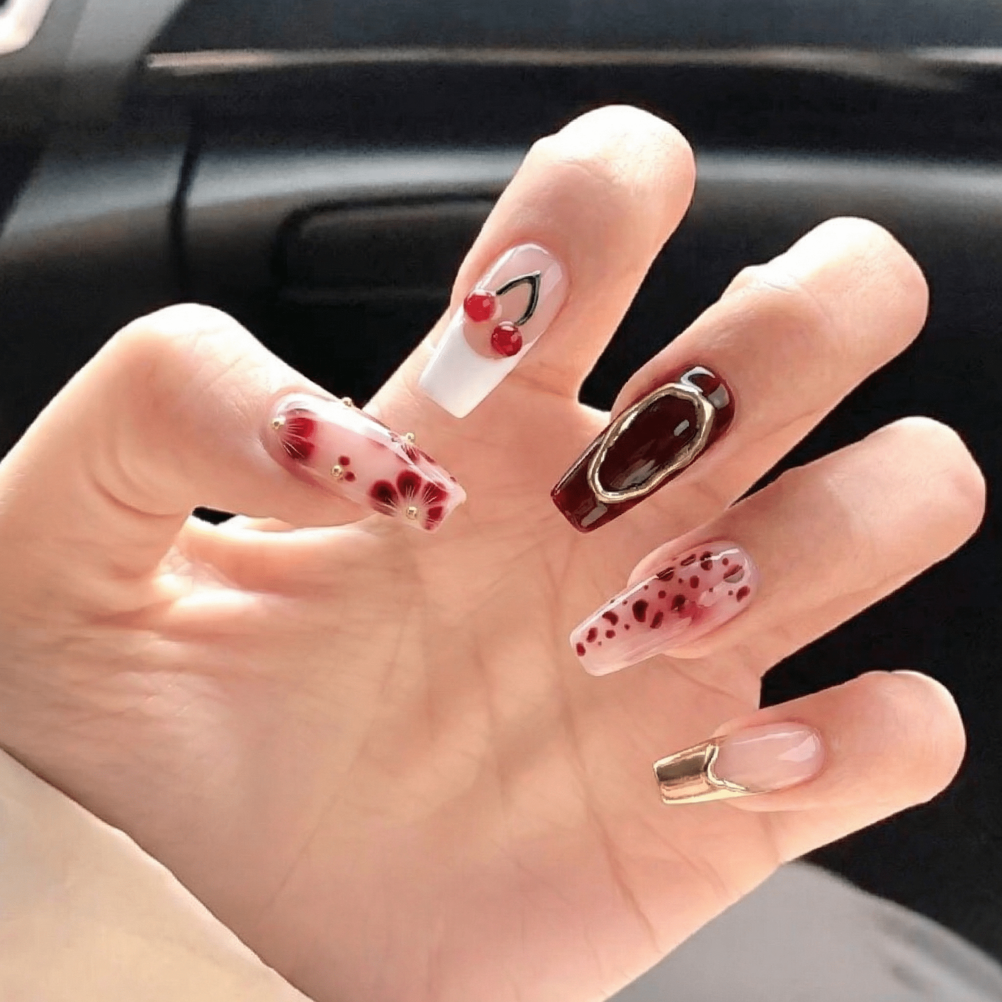 Cherry Crimson coffin press-on nails – design close-up by Handora