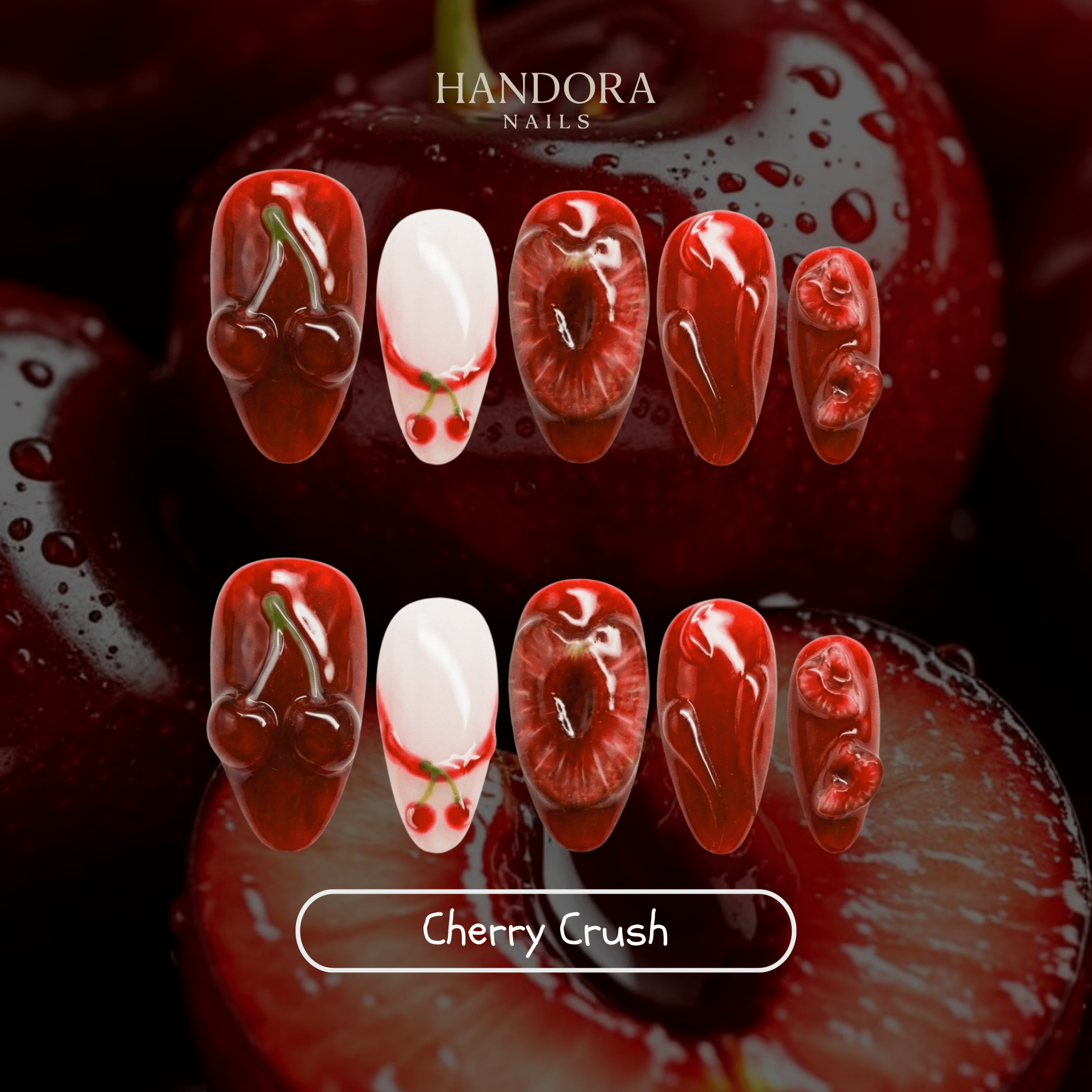 Cherry Crush press-on nails – design close-up by Handora