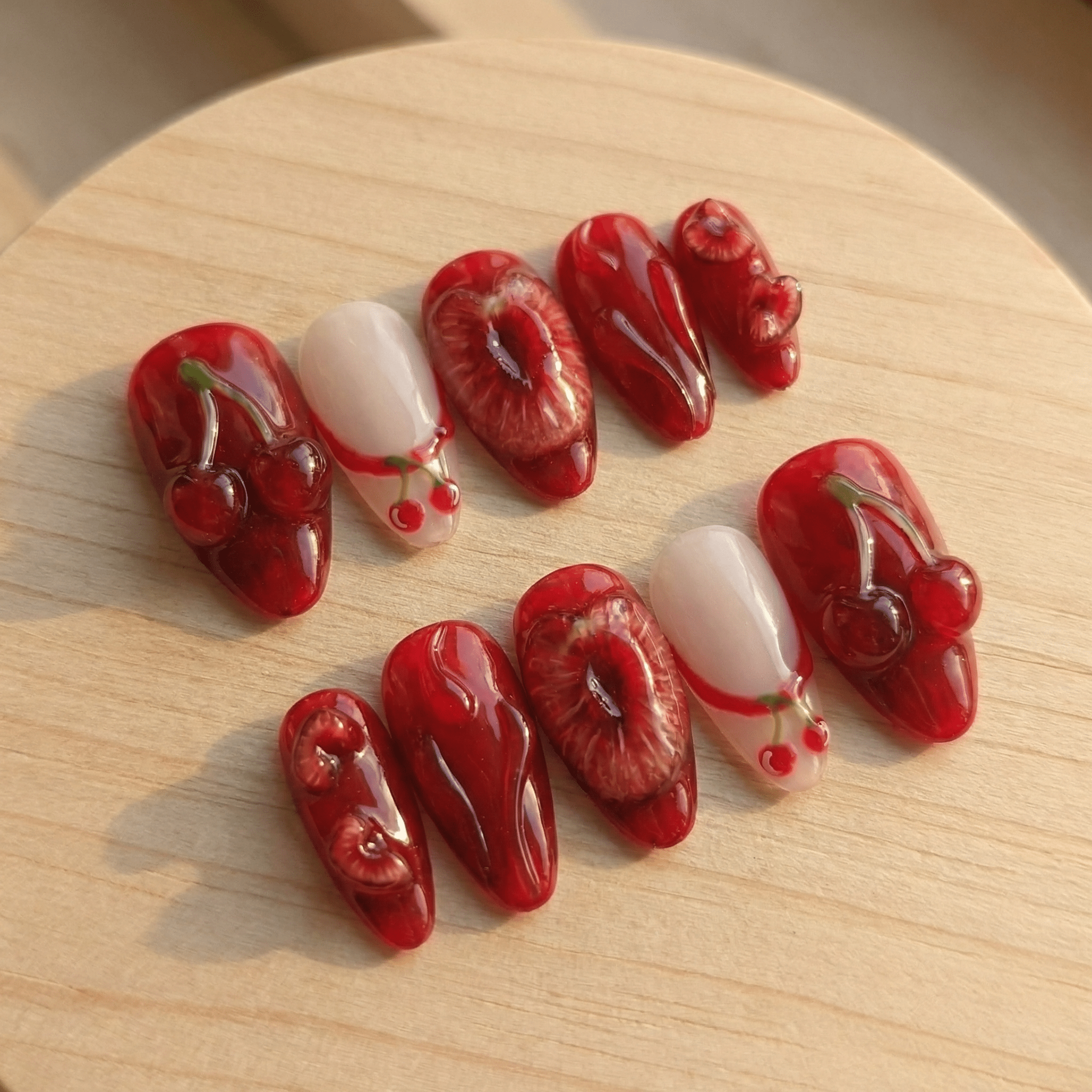 Cherry Crush salon-quality handmade press-on nails by Handora