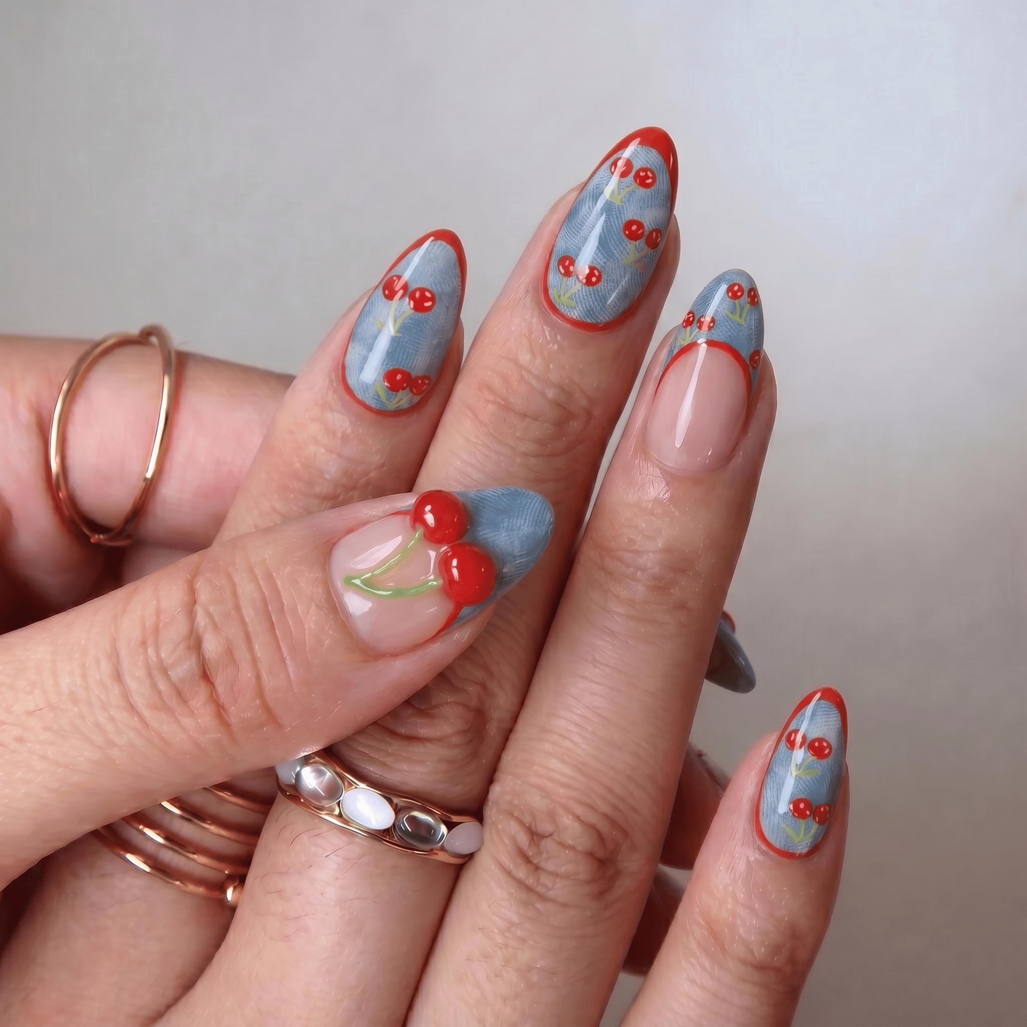 Cherry Denim y2k nail design – handmade press-on nails by Handora