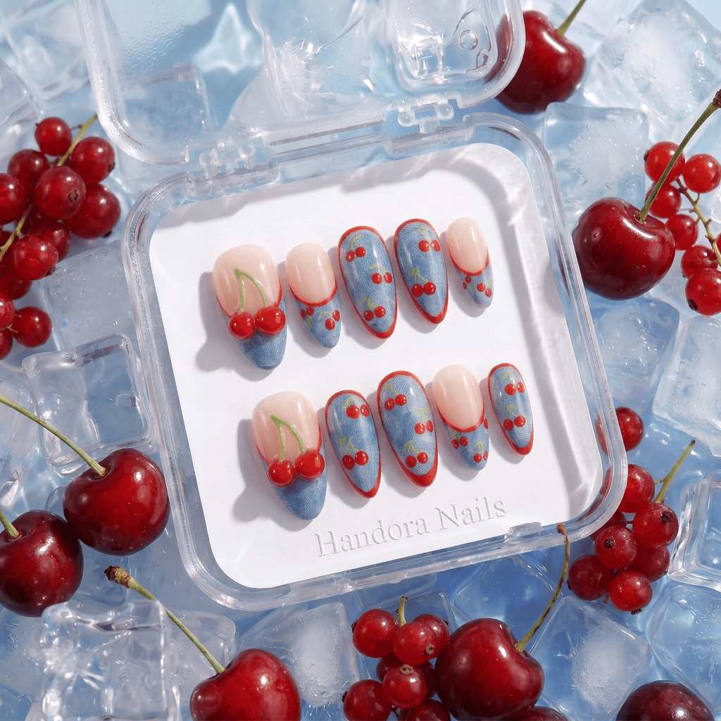 Cherry Denim press-on nails – hand-painted reusable gel set by Handora