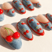 Cherry Denim red press-on nails by Handora