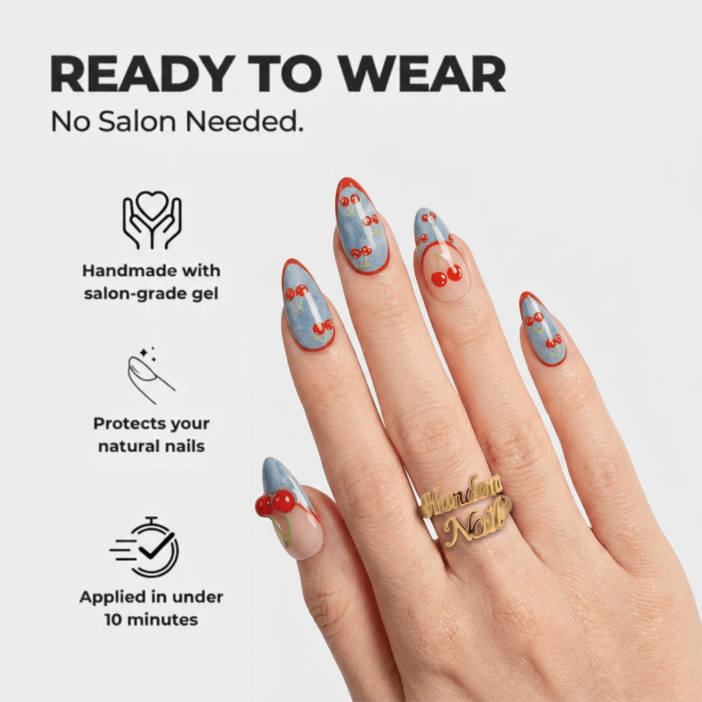 Cherry Denim press-on nails – design close-up by Handora